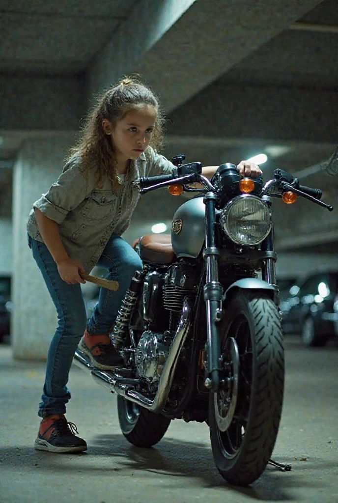 Girl child 10 years old, Russian blondie in braids, com roupa de jaqueta de couro vermelha, fundo storm, ride into the storm, thunderbolt red.