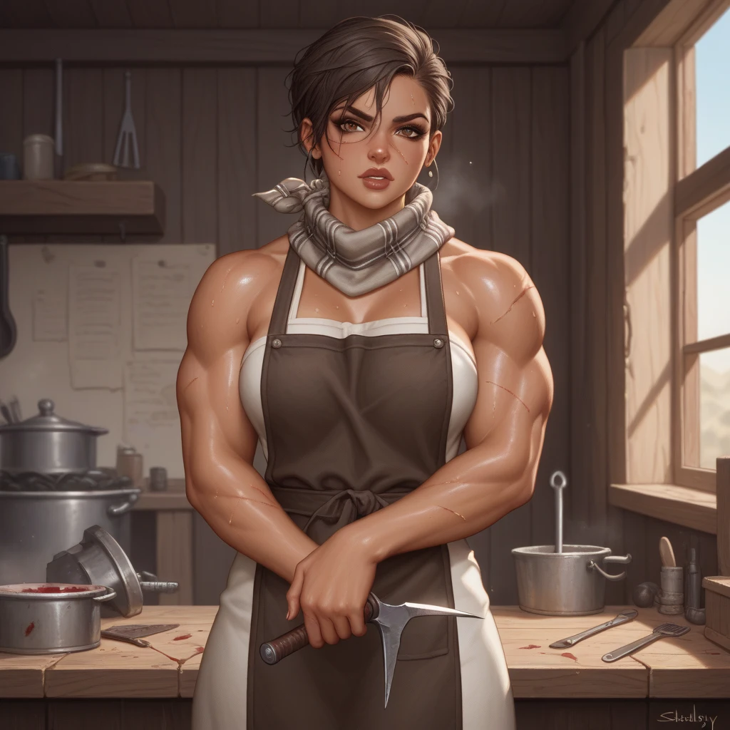Medieval Female Blacksmith (solo:1.5), (title: "Iron Maiden"), set in a dimly lit forge, (best quality), ultra high res, ultra detailed, (photorealistic:1.4), hands covered in soot, hammer raised high, glowing embers reflecting off her steel-grey eyes, intricate patterned apron, long auburn hair tied back, strong jawline, robust physique, (detailed:1.2), sweat dripping down her forehead, focused intently on her work, muscles flexing with each strike, anvil and bellows in the background, (8k), HDR, crisp focus