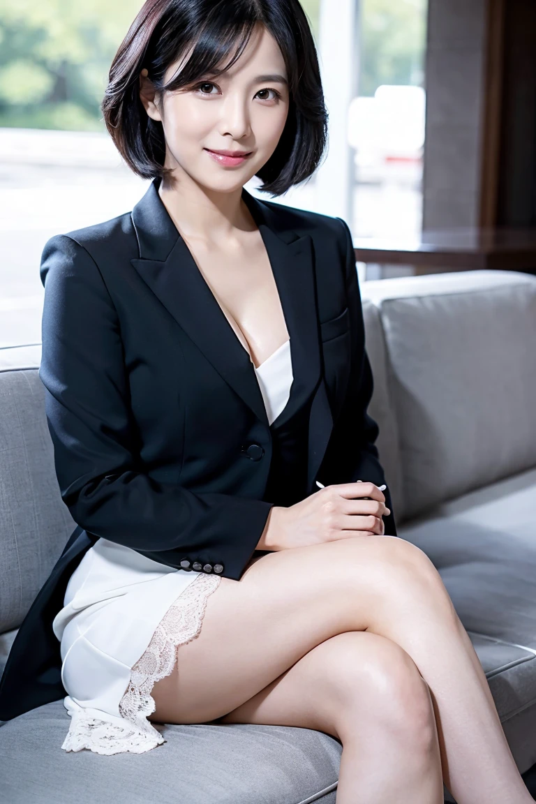 Gentle and cute girl，Short hair details，dark suit，white shirt，dignified and generous，Smile，front，Facing the lens，ID photo，News host，Sit at your desk and give a speech，Sit，Half body，Legs are not visible，Photography，high quality，