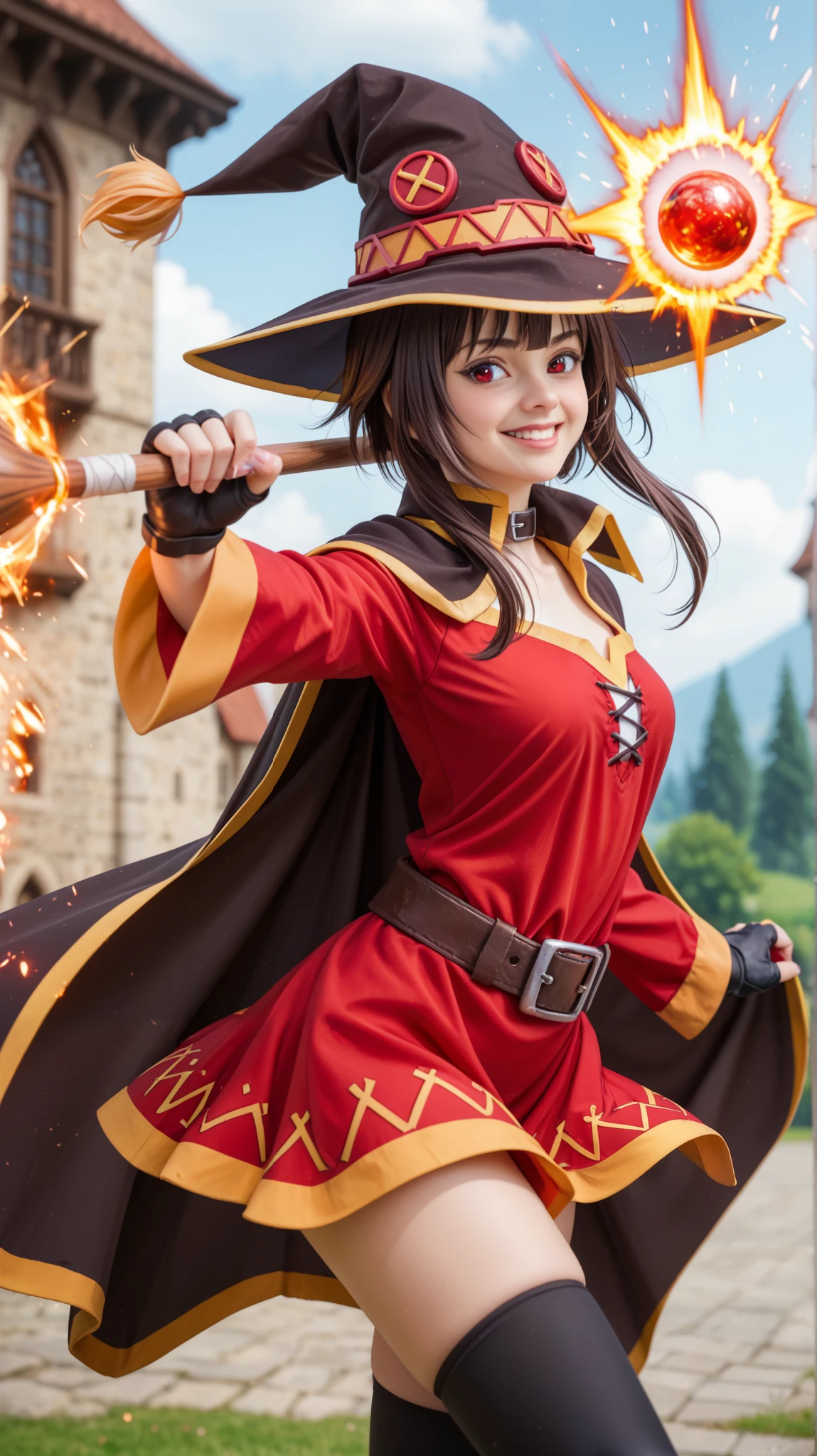 Ultra-realistic, hyper-detailed portrait of Megumin from Konosuba, designed to look like a real person in a cinematic photoshoot. She wears her iconic red and black mage outfit, with a large black wizard hat adorned with golden trim and red details. Her outfit includes a red tunic with golden edges, a black cape flowing behind her, and fingerless gloves.
Her expression is confident and mischievous, with a playful smirk and bright crimson eyes. Her short dark brown hair is slightly messy, with asymmetrical bangs partially covering one eye.
She poses dynamically, holding her wooden staff with a glowing red crystal at the tip, as if preparing for an Explosion spell. The lighting is dramatic, emphasizing the details of her face and clothing.
The background is a medieval fantasy setting, featuring a misty battlefield with faint embers floating in the air, resembling the aftermath of a powerful spell. The atmosphere is filled with tension and magic.
Shot with a Sony A7R IV, 85mm f/1.4 lens, ultra-sharp focus on Megumin, soft depth of field, cinematic composition, hyper-realistic textures, intricate fabric detailing, magical energy effects, 8K resolution, professional fantasy photography, extreme photorealism.
--ar 16:9 --v 6 --style raw --q 2 --stylize 250