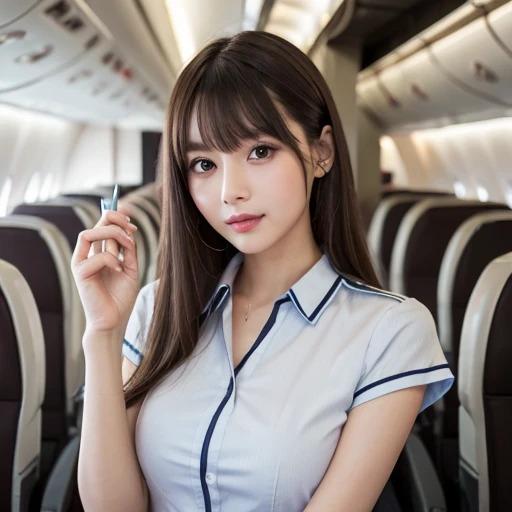 1womanl, mideum breasts, light brown hair, Blunt bangs, hair behind ear, hair over shoulder, Long hair, slender body shape, Ultra Fine Face, Thin face, Delicate lips, Beautiful eyes, thin blush, eyes are light brown, perfect glossy skin, flawless skin, View here, Ultra-thin hands, Ultra-fine fingers, best ratio four finger and one thumb, (realisitic:1.3), One-person viewpoint, Fuji Film, F/1.2, 8K, masutepiece, nffsw, Super Detail, hight resolution, (Swooping Stewardess Uniform:1.3), Various poses, Empty airliner cabin background, Lots of seats visible, Cinematic lighting, Physically-based rendering, Award-winning, Carl Zeiss 85mm F/1.4, ellen von unwerth