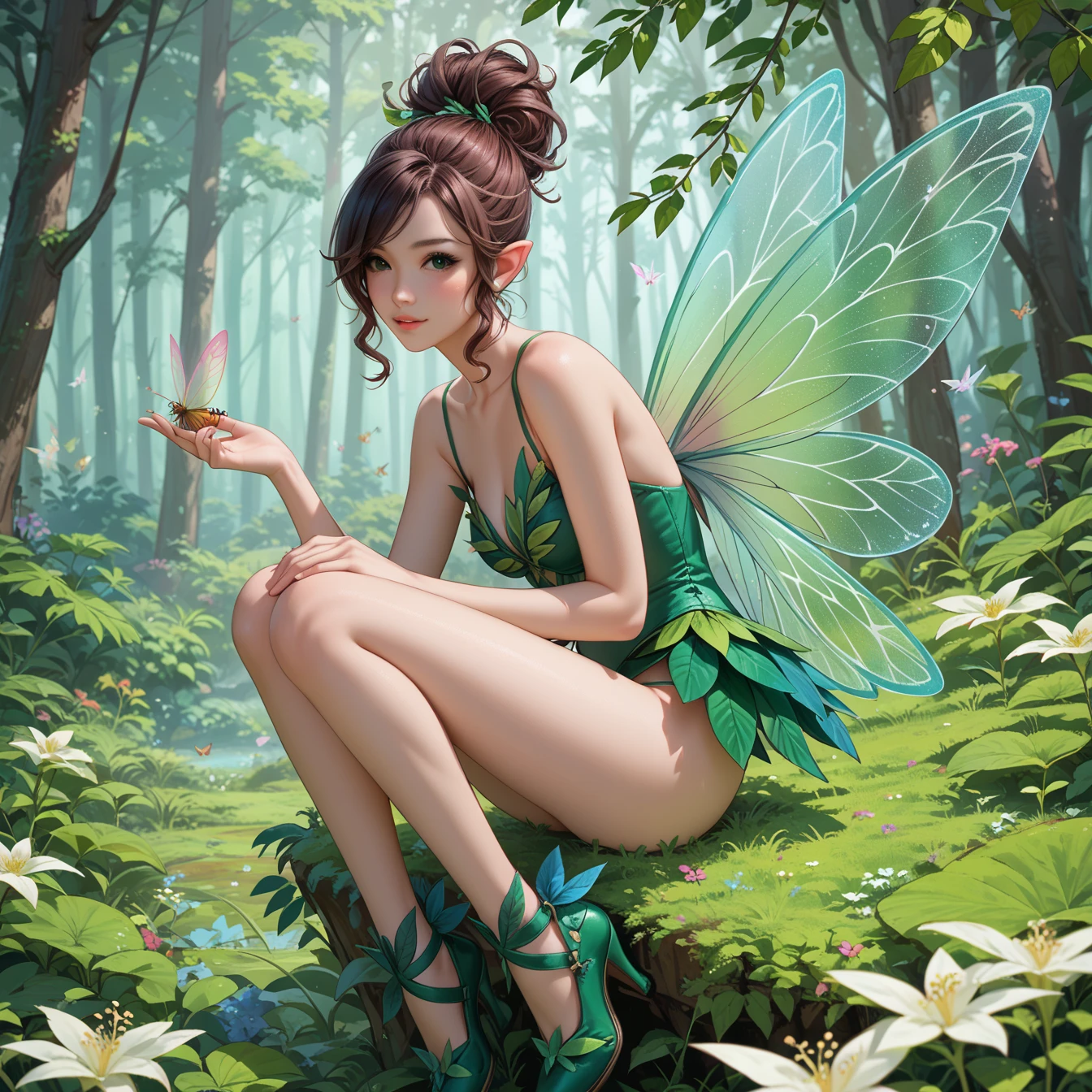 emma watson as a sexy fairy girl sitting on a fence. tight intricate green costume. slender body. fantasy landscape. night. background forest. sparkly wings.