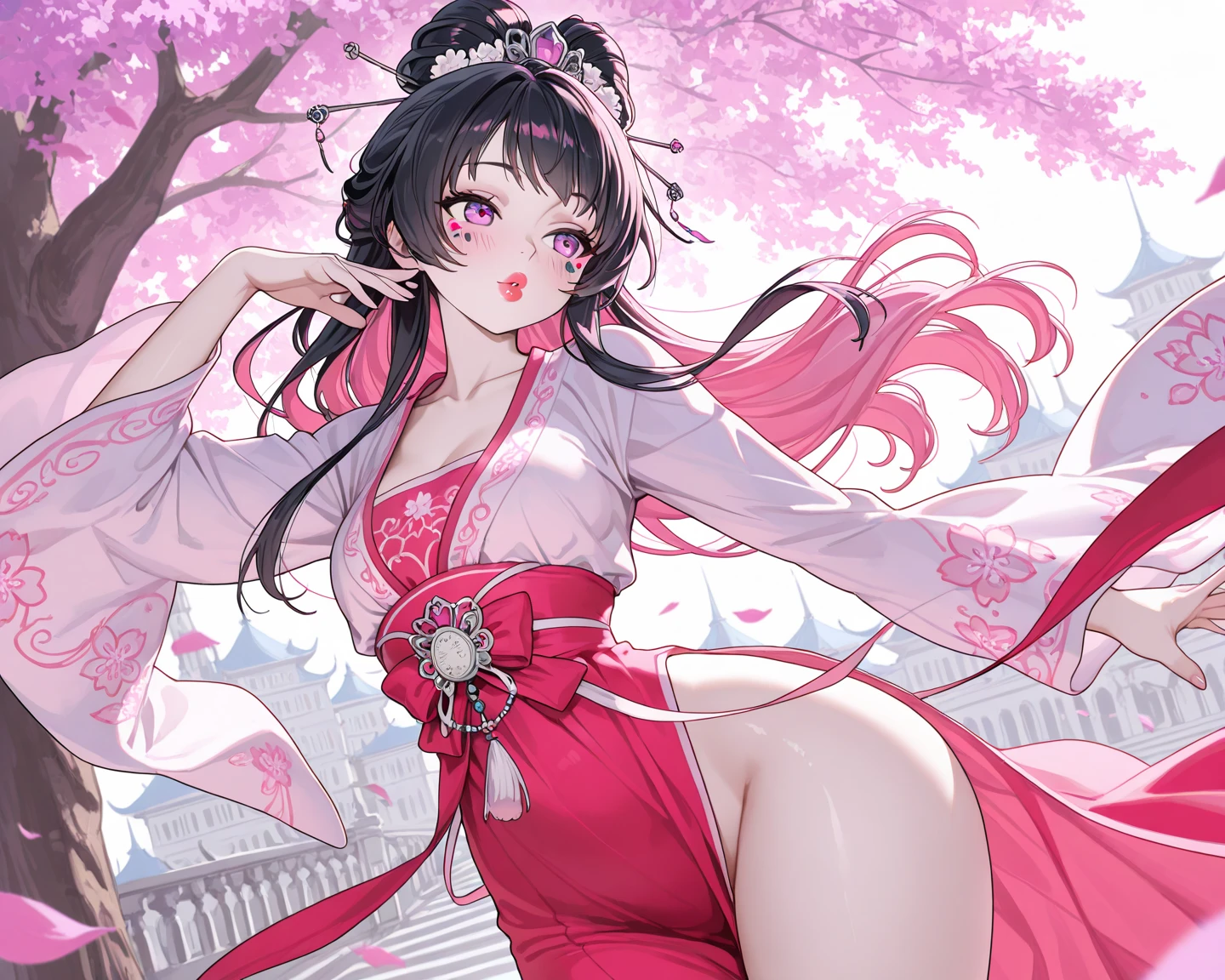 Juli appears to have pale skin, and curly black hair. She has big brown eyes and pale pink lips, Her accessories consist of a fluffy panda hat.
Her dress is blue with cherry blossoms pattern on it, It also contains a few 3D cherry blossoms as decorations. Underneath the dress is white tulle, Her shoes is sandals with pink straps and ribbon decorations and the soles are brown. SPARKLE; GLITTER