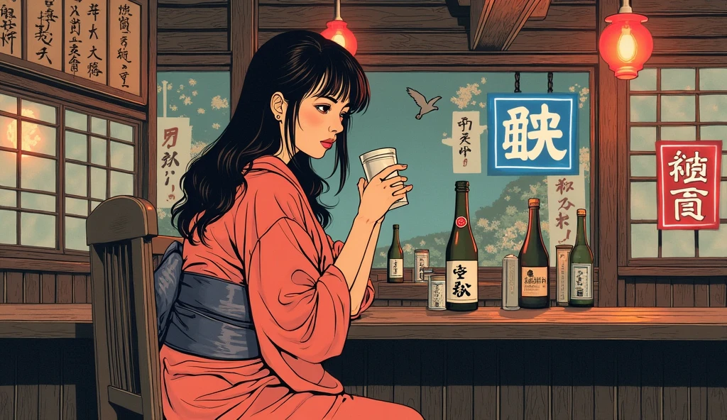 Beautiful Japanese woman in a kimono drinking whiskey on the rocks in a dimly lit bar Very beautiful Japanese women Depiction of the upper body Detailed eyes With a melancholy look sorrow Jazz Bar watercolor watercolor art Ink illustration Highest quality Highest quality smokyで薄暗い雰囲気のJazz Bar bluesy