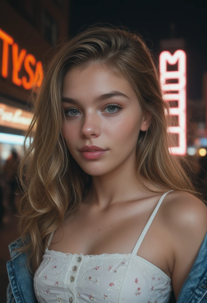 Foto selfie, desde arriba:1.4), (postrait medio cuerpo:1.4), RAW uhd portrait photo of a 24 year old blonde (Mujer de ojos azules) polonesa, Antecedentes nocturnos de la ciudad, (Vestido de sol rojo), (escote), Detallado (Texturas!, cabello!, brillar, Color!!, Imperfecciones:1.1), Ojos brillantes altamente detallados, (Looking at the camera), specular lighting, DSLR, Calidad Ultra, foco nítido, Tachuela afilada, DOF, Film grain, (centrado), Fujifilm XT3, Cristalina, Centro del marco, cara linda, foco nítido, farola, Neon lights, Bokeh, (Poca luz), discreto, Por la noche, (cielo nocturno) poros detallados de la piel, piel grasa, tan, Detalles intrincados de los ojos