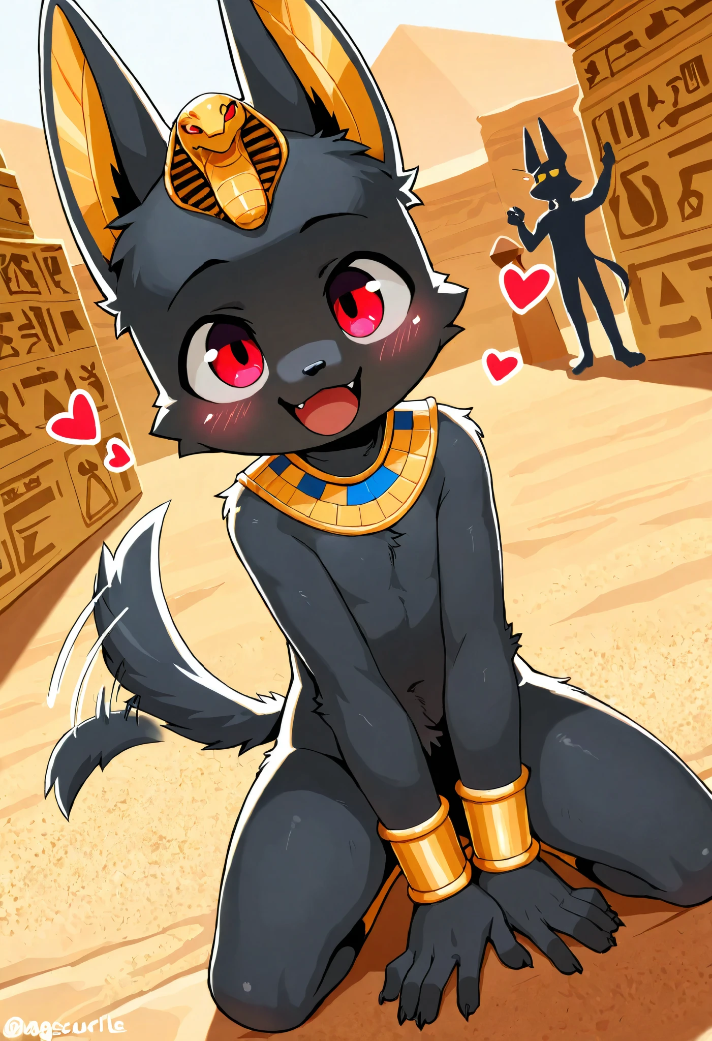 ((anubis)), young, solo, ((cub)), ((chibi)), Egyptian clothing, Egyptian staff, Egyptian headress black fur, yellow eyes, nude, ((canine ?????)), ((knot)), ((balls)), ????????, (up close), standing, ((desert background)), oasis, pyramids, trees, sunny, blue sky, sun, Very good figure, masterpiece, super detail, high quality, best quality, highres, 16k4