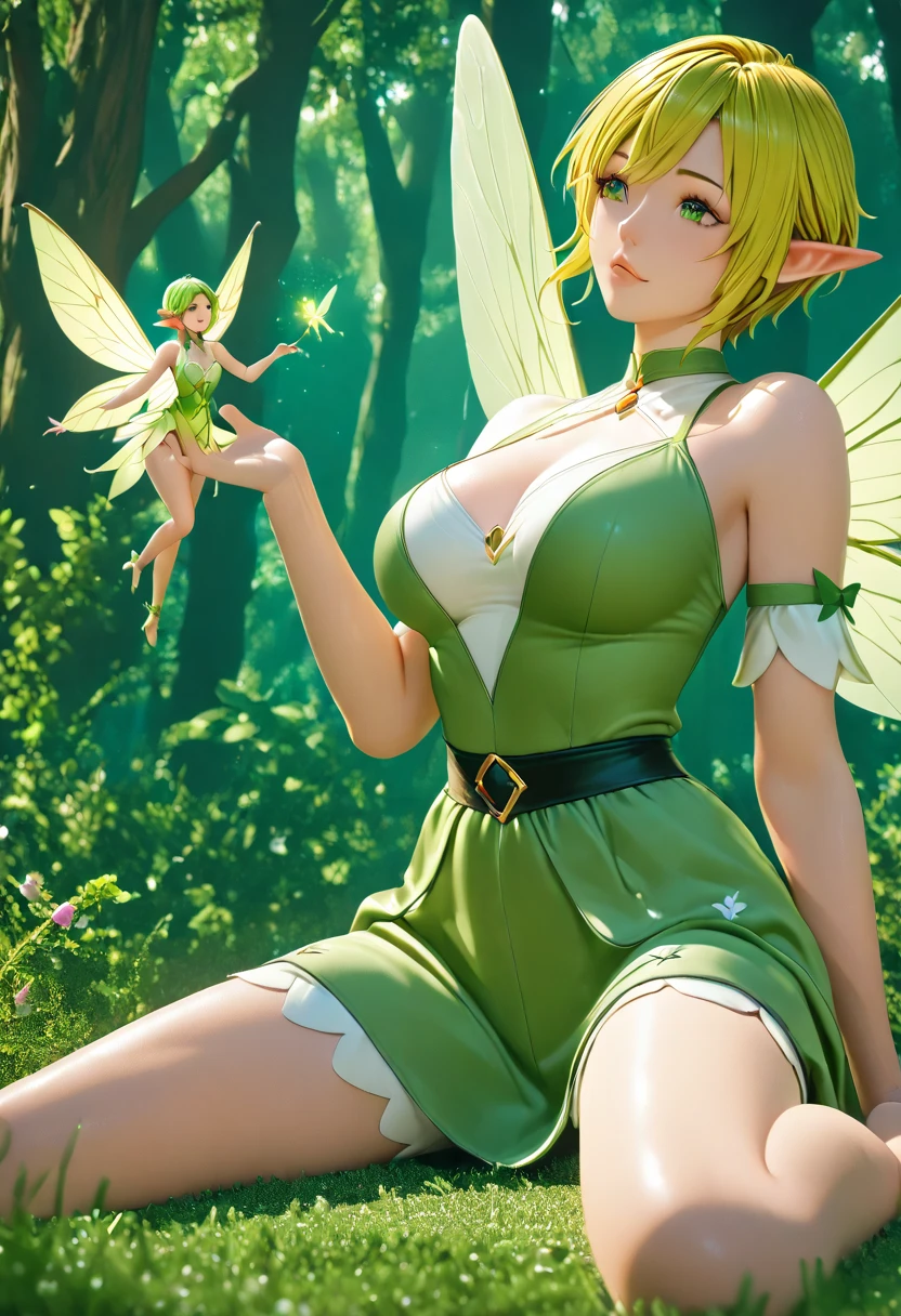 ((((masterpiece, best quality, high resolution)))), Extremely detailed 8K, Beautiful girl with voluptuous body, green eyes, pink hair, detached sleeves, wings, pointy ears, wide sleeves, tree, bug,(wet transparent green dress), fairy wings, fairy, butterfly wings, 4 wings,rain forest, magical light, iridescent, (( green glowing)), (huge perky breasts), large bust, ample cleavage, (round and firm breasts), well-endowed, perfectly shaped bust, (beautiful face, aroused expression, seductive look), smile, blush, (highleg panties, high heels), masterpiece, best quality, CG, HDR, illustration, wallpaper, absurdres, high-definition, extremely detailed, (Ultra HD, Ultra-detailed, Highly detailed, Highly realistic, Ultra-realistic, photograph realistic),at night,starry sky,