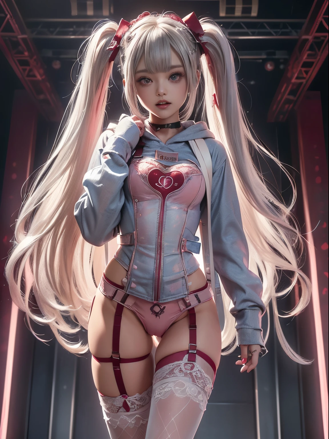 Half Red and silver hair, pink eyes, woman, teal blue gold clothes,happy face, sexy, cat ears, hearts, floating hearts, thigh high tights, long hair, smiling, cherry blossom, hair ornament