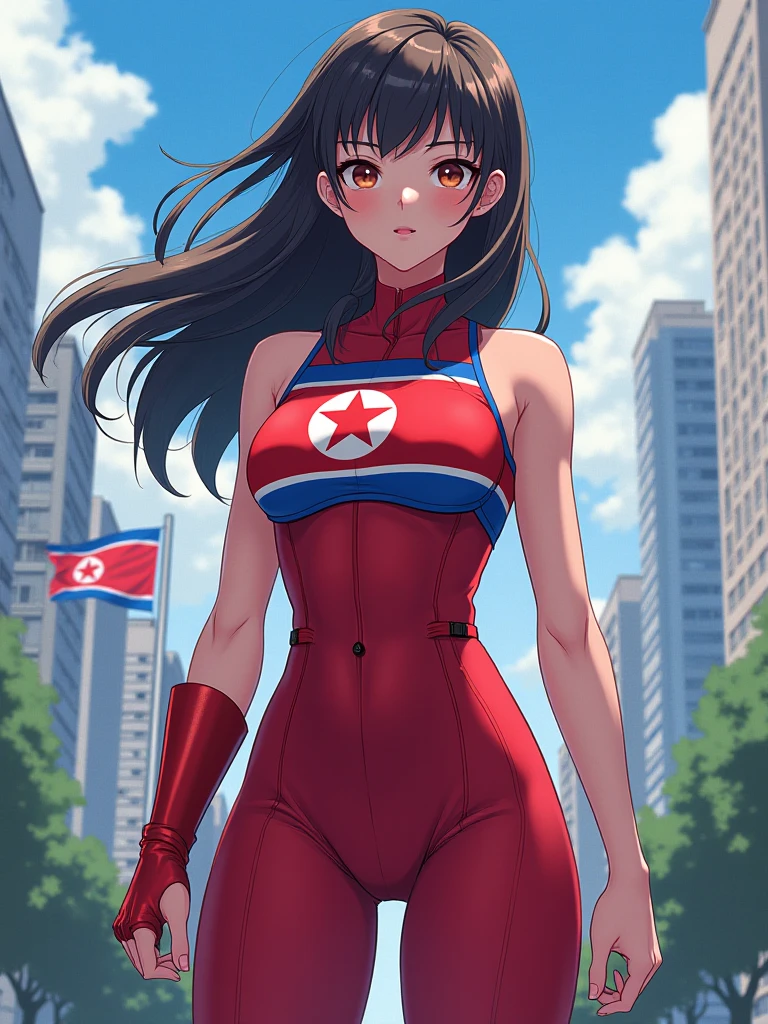 High resolution、masterpiece、1 girl in、Bjorf、A dark-haired、short hair with long locks、look for、Kamimei、bending forward、smile、bring your face closer、Red eyes、gold earrings, leotard blue, bare legs, blue police uniform, police hat, long sleeve, tie, in the city,