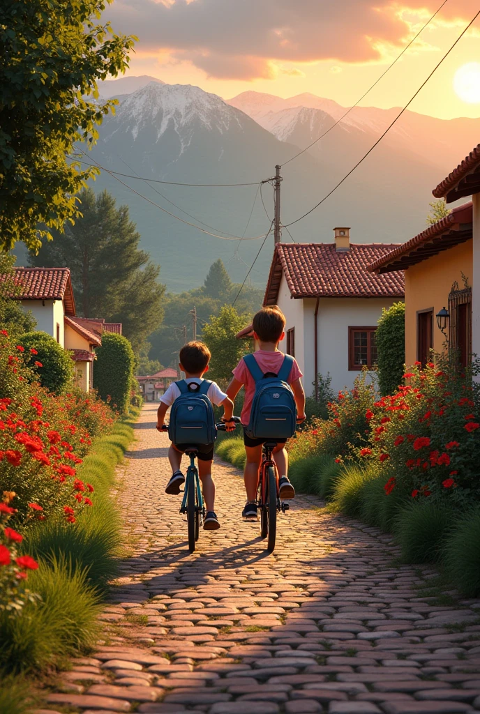 ren riding bicycles in Boyaca to school, mountains in the background, colorful floral flowers, detailed landscape, beautiful natural landscapes, scorching sunset, warm colors, practical, photographic, detailed foliage, complex buildings, cobblestone street, charming country house, vibrant colors, lush vegetation, reflections in water, picturesque, idyllic, work of art, mini skirt, 8K,
