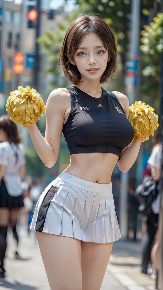 (RAW shooting:1.2)、(Photorealsitic:1.4)、(masterpiece:1.3)、(top-quality:1.4)、japanese beautiful woman、(middlebreast:1.3)、beauty breast、(cleavage of the breast)、(erectile nipple:1.2)、(cheer girl:1.5)、a miniskirt、beautiful eyes finely detailed、eye lashes、beautiful double eyelid、eyeshadows、Perfect eye makeup、(Smile full of happiness:1.4)、Beautiful and thin legs、(The skirt is flipped up and the panties are visible.:1.3)、(Short Bob:1.2)、fluffy hair、stadio、Daytime、Latina、Sexy navel、Skinny Legs、tthin eyebrows、Tear bag、lofty nose、(extemely sexy:1.2)