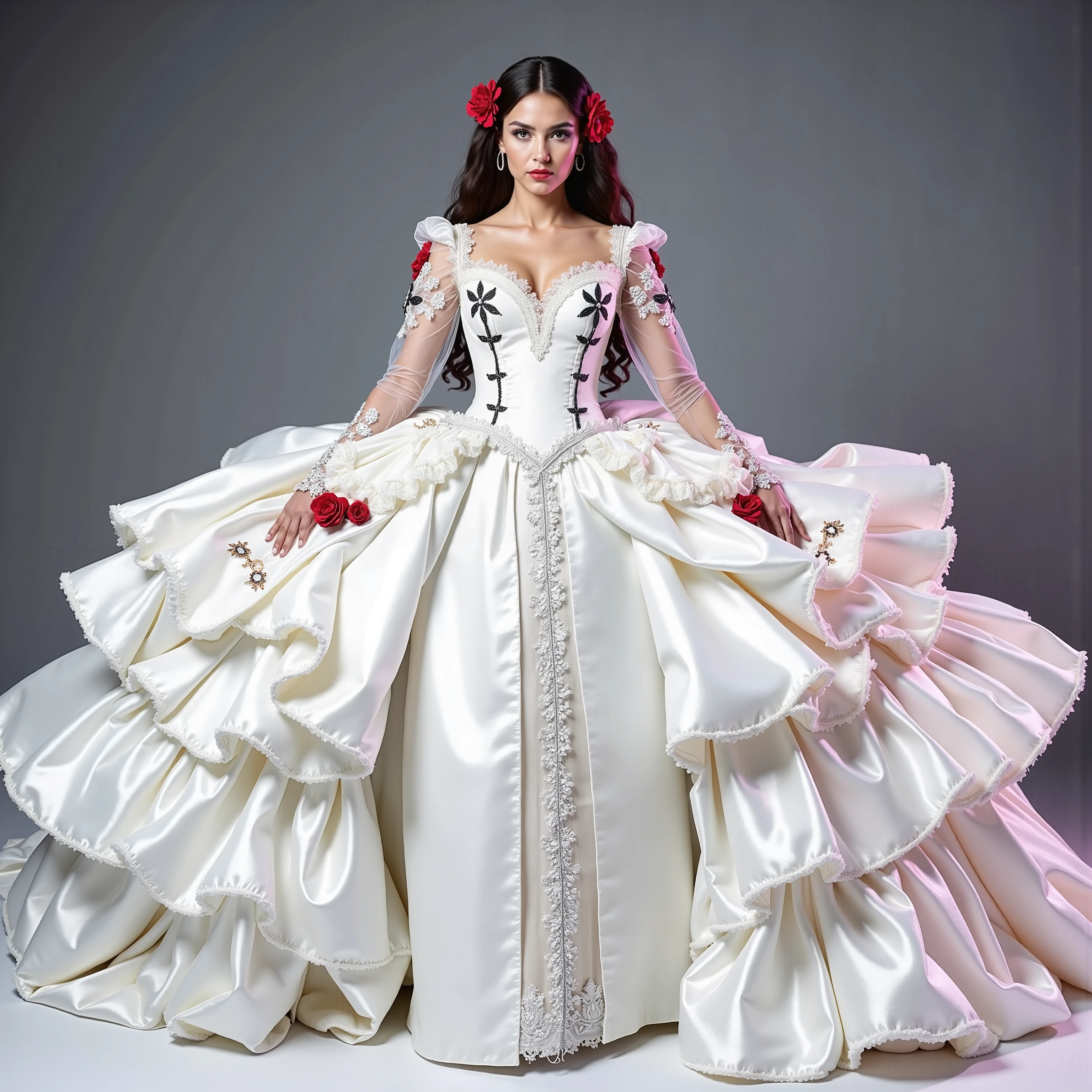 A white silk and satin mermaid style full-length gown with a fitted bodice and a super oversized extra long flared skirt that has giant raised up ruffles at the bottom. This ridiculously tall and oversized gown requires super high platform shoes that will make the wearer 18 to 24 inches taller than usual. This is the kind of gown only a supermodel, the crazy wealthy, or a crazy celebrity would ever attempt to wear. Very experimental fashion, this gown has sheer sleeves adorned with red and black floral appliqués, sweetheart-shaped neckline lace, and white sequence that adorns the top. Lightweight foam rubber and metal wires are the only things underneath the very oversized, very long, white silk and satin skirt, that can lift it and hold it up, so that the wearer can walk and move at all in this unconventional, yet elegant ensemble.The bottom of the extra long skirt opens so that the fabric creates a large circular shape on the floor that is several feet in circumference larger than usual with a gown of this style. The extra long skirt has puffed up outter material that hangs down in several layered bunches from mid thigh down to the floor in three or four rows or stacked up columns. The dress is made of pure white satin and silk with some red and black flowers and embroidery patterns of crosses, hearts, and other designs created with black thread. The green and pink spotlights cast color on the dress and on the white background. Very dramatic pose. Skirt end drags on the floor. Direct eye contact between the model and the viewer. Asthetically incredible, icon style. Ultra-realistic,photorealistic,cinematic photography,ultra-detailed.Extra Sparkle,cinematic lighting,cinematic portrait,portrait photography,cinematography,full focus,UHDR,startling, Realism,photorealistic,8K,physically-based rendering, experimental,avant-garde,unique,innovative,striking,captivating,model facing the camera,macro photography, Parted Lips,Makeup,Kubrick Stare,Best Quality,Masterpiece.