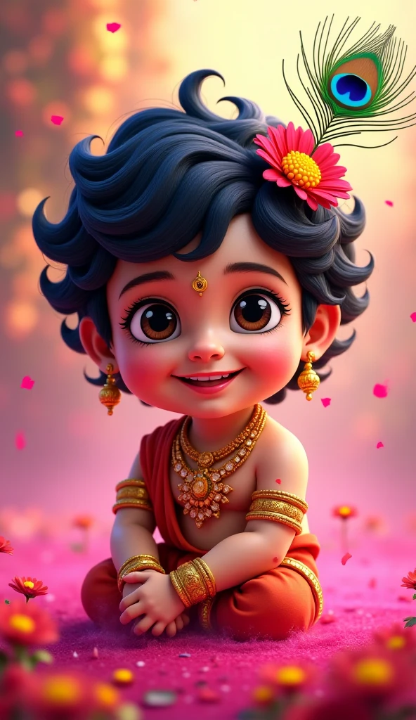 Generate Kanhaiyya, kid avatar of krishna eating Dahi(curd) wearing gold Jewellery 
Also keep free space above krishna