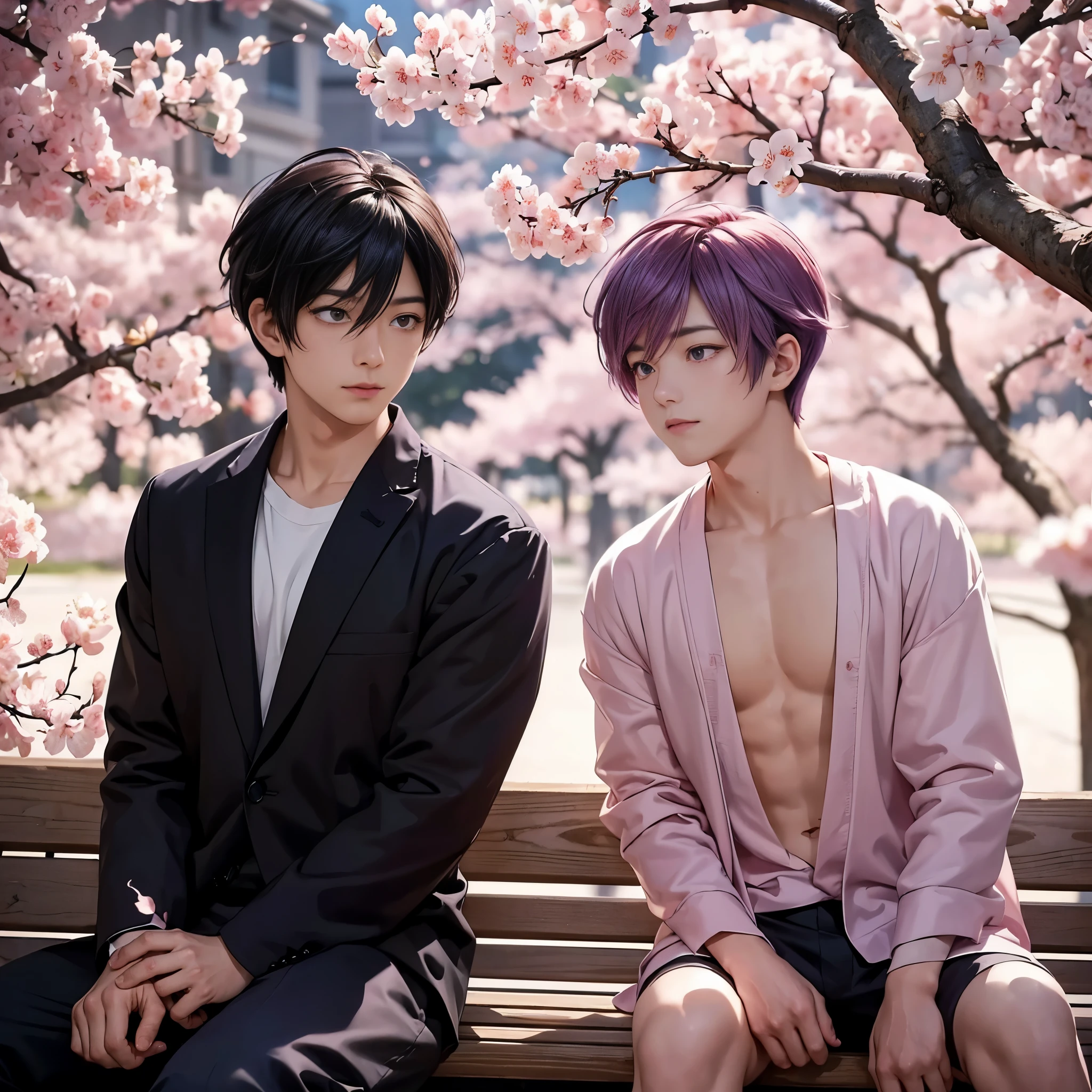 2D anime style, a romantic scene in a cherry blossom park at dusk, a boy with purple bob hair and jito purple eyes (slightly surprised expression) in a grey suit, sitting on a bench, looking at a muscular boy with silky pink bob hair and shining amber eyes (nervous but determined expression), wearing a casual robe over black underwear showing a slightly muscular chest, cherry blossoms falling around them, soft orange lighting, detailed background with full cherry blossom trees, a few petals on the bench, warm and emotional atmosphere, subtle hints of tension and connection between the two boys.