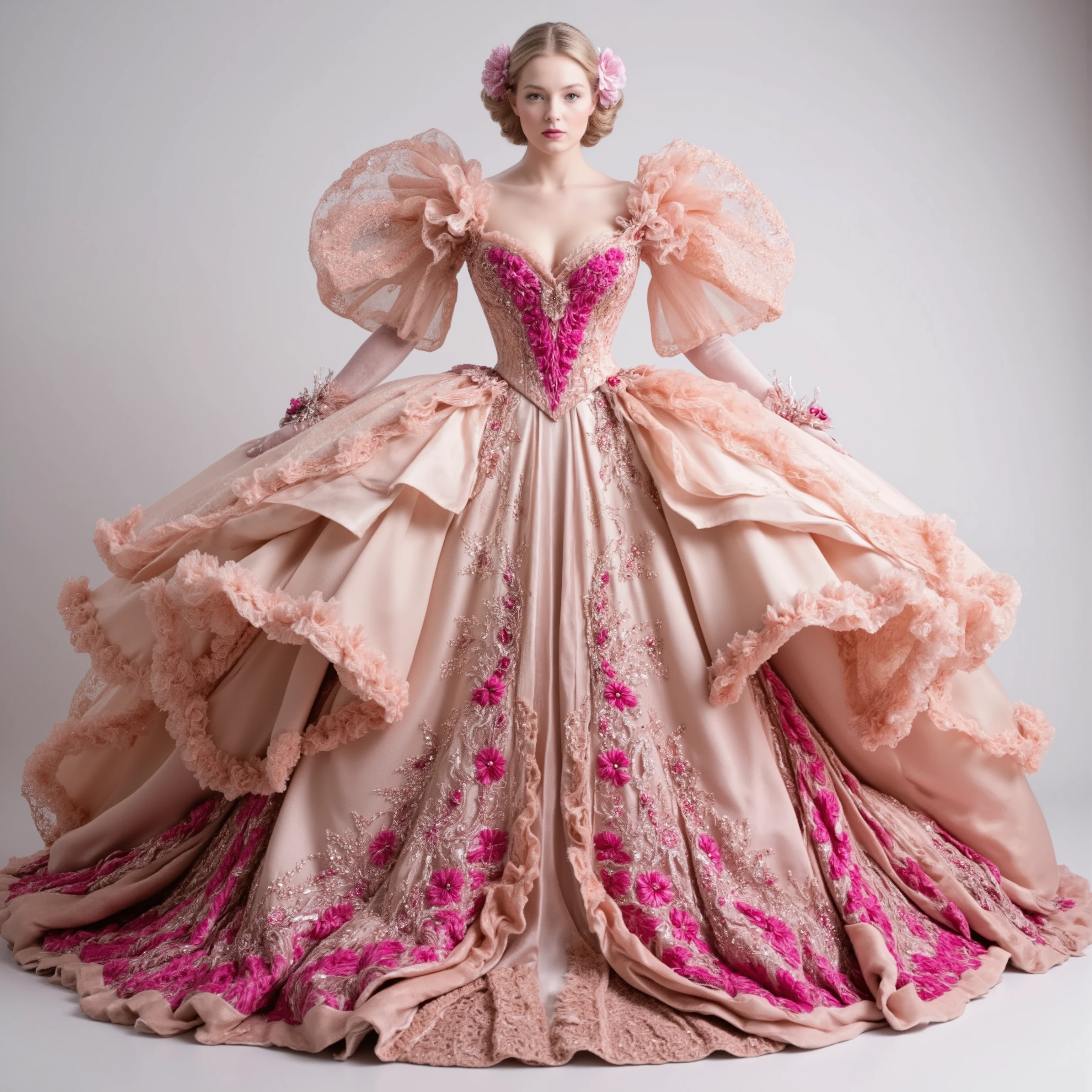 A very light pink silk and satin mermaid style full-length gown with a fitted bodice and a super oversized flared skirt that has giant raised up ruffles at the bottom. This ridiculously tall and oversized gown requires super high platform shoes that will make the wearer 18 to 24 inches taller than usual. The kind of thing only a supermodel, the crazy wealthy, or a crazy celebrity would ever attempt to wear. Very experimental fashion, this gown has sheer puff sleeves adorned with red and white floral appliqués, sweetheart-shaped neckline lace, and hot pink colored sequence adorns the top. Lightweight foam rubber and metal wires are the only things underneath the very oversized light pink,very long, silk and satin skirt, that can lift it and hold it up, so that the wearer can walk and move at all in this unconventional, yet elegant ensemble.The bottom of the long skirt opens so that the fabric creates a large circular shape on the floor that is several feet in circumference larger than usual with a gown of this style. The extra long skirt has puffed up outter material that hangs down in several layers from mid thigh down to the floor in three or four rows or bunched up columns. The dress is made of very light pink satin and silk with some hot pink, red, and white flowers and embroidery patterns of crosses, hearts, etc. The green and pink spotlights cast color on the dress and on the white background. Very dramatic pose. Direct eye contact between the model and the viewer. Asthetically incredible, icon style. Ultra-realistic,photorealistic,cinematic photography,ultra-detailed.Extra Sparkle,cinematic lighting,cinematic portrait,portrait photography,cinematography,full focus,UHDR,startling, Realism,photorealistic,8K,physically-based rendering, professional,intricate,complex,experimental,avant-garde,unique,innovative,striking,captivating,model facing the camera,eye contact,macro photography, Parted Lips,Makeup,Wide-Eyed,Kubrick Stare,From Above,Best Quality,Masterpiece.