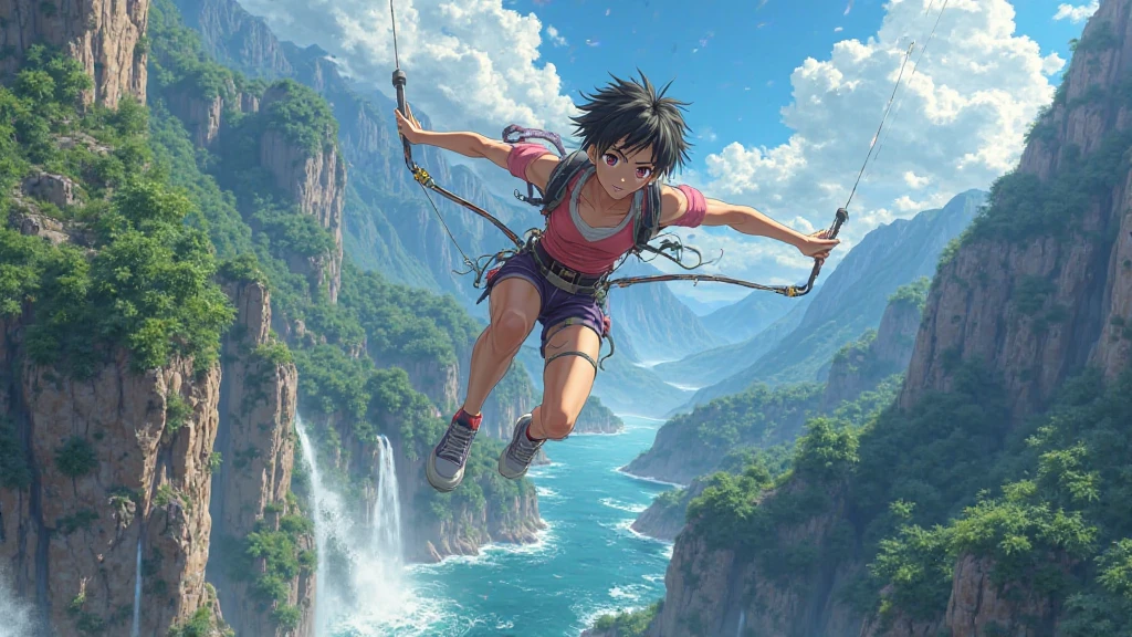バンジージャンプでwaterfallつぼに向かって飛び込もうとしている、jumping from the sky、close up of face、He has rubber ropes attached to his legs for bungee jumping.、大joyで口を開けて叫んでいる、blue sky、arms outstretched、Surprised、joy、waterfall、Spectacular view、adventure
