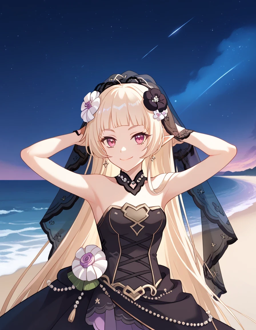 YukiCeremonial, blond hair, long hair, bare shoulders, black dress, bridal veil, black veil, hair flower, strapless dress, game screencap, shiny skin, high quality, solo, night sky, beach, ((hands behind head)), ((contrapposto)), closed mouth, cowboy shot, looking at viewer, smile, best quality