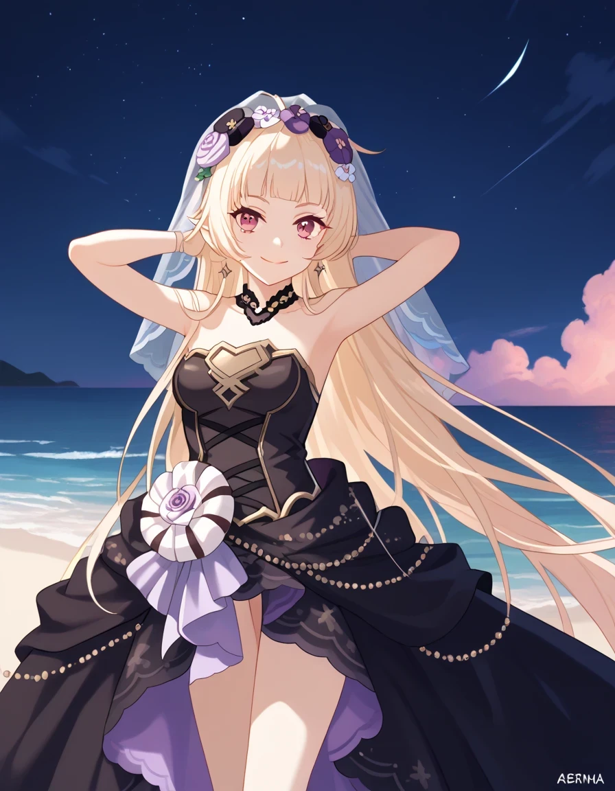 YukiCeremonial, blond hair, long hair, bare shoulders, black dress, bridal veil, black veil, hair flower, strapless dress, game screencap, shiny skin, high quality, solo, night sky, beach, ((hands behind head)), ((contrapposto)), closed mouth, cowboy shot, looking at viewer, smile, best quality
