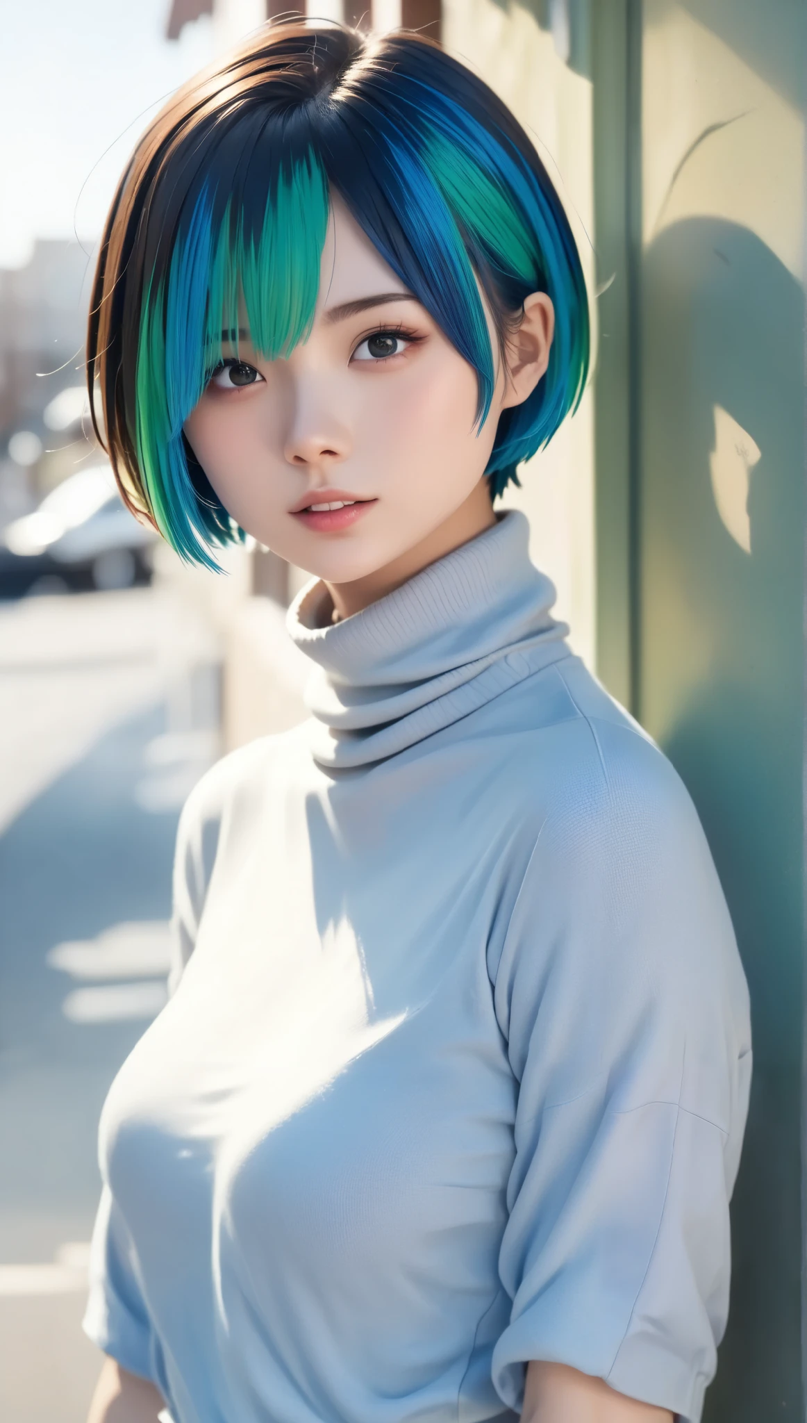 ((top quality、8k、masterpiece:1.3))、sharp concentration:1.2、 perfect beauty :1.4、 winters :1.2、((Creative hair:1.8))、(short hair:1.8)、( modern style :1.2)、high resolution face and skin textures、 narrow-eyed .、Double eyelids、 with dark hair、 winter outdoor background 、look away、Hair Design、 oversized trainer 、(dim lighting:1.8)、cowboy shooting、Looks cold 、( work like page 1 of Vogue :1.8)、Hair blowing in a strong wind、Natural Makeup、(Almost white dyed hair:1.5)、 nostalgic depiction 、(Light bang:1.7)、turtleneck、( female 1 person:1.5)、 grey、 side shot 、I' I haven't seen this 、