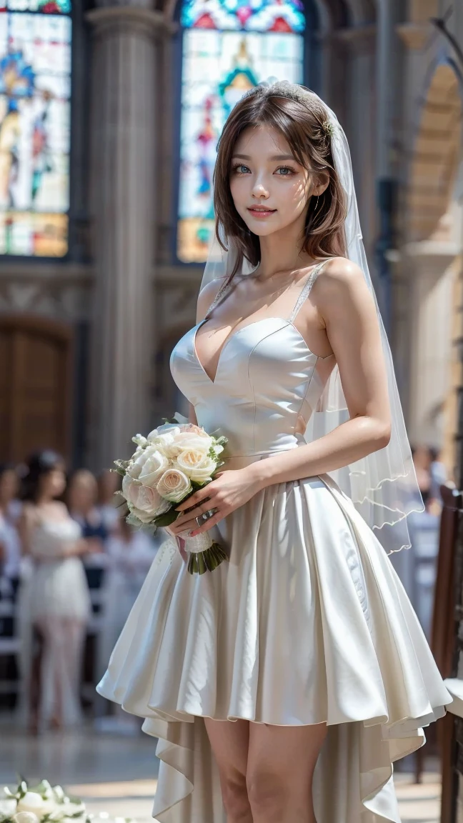 best quality, masterpiece, 1 girl, cute teen, thin collarbone, make her sit, huge laugh, sweet, sun glare, Conservative attire, bell line wedding dress, bridal veil, bouquet, depth of field, blurred background, Cathedral Background, light particles, strong wind, head tilt, long hair