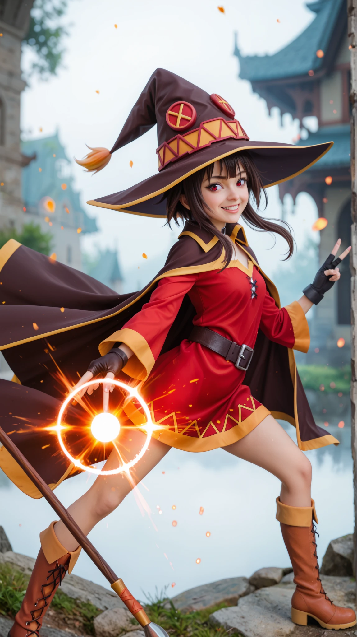 Ultra-realistic, hyper-detailed fantasy portrait of Megumin from Konosuba, captured as a high-end cinematic photoshoot. She wears her iconic red tunic with golden trim, a flowing black cape with orange lining, a large wizard hat with golden embroidery, black fingerless gloves, and mismatched boots – one orange with a folded cuff, and the other black with a bandage wrap on her left leg.

Megumin has a confident, playful expression, winking and making a "V-sign" hand gesture over her left eye, where she wears a black eye patch with a red cross. Her dark brown hair is tousled slightly, and her deep crimson eyes glow faintly with magical energy.

She holds her signature wooden staff with a large red orb, positioned as if she is about to unleash her powerful Explosion spell. The background is a mystical battlefield with floating embers, soft magical auras, and a faint smoky haze, adding a dramatic atmosphere.

Cinematic lighting enhances her silhouette, with soft rim light and warm highlights emphasizing her outfit’s textures and magical aura. The image has ultra-sharp details, realistic fabric physics, intricate textures, and lifelike facial expressions.

Shot with a Sony A7R IV, 85mm f/1.4 lens, ultra-sharp focus on Megumin, soft bokeh background, cinematic composition, hyper-realistic textures, intricate fabric detailing, magical energy effects.

--ar 16:9 --v 6 --style raw --q 2 --stylize 250