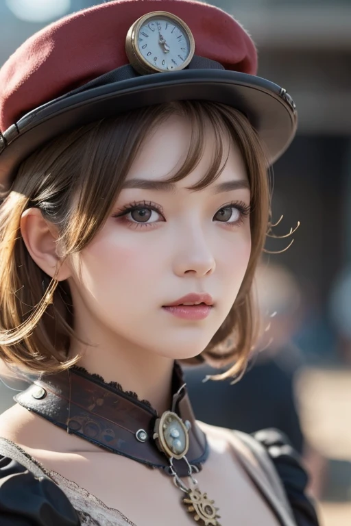 ((detailed face)), close, Straight blonde short curly hair girl little red hat, Necklace Watches, (Victorian era), ((steampunk)), Cinematography, worked, elegant, Scrupulous, grow, Maximum details, Extremely aesthetic, Exquisitely crafted, Lots of gear, Old town background