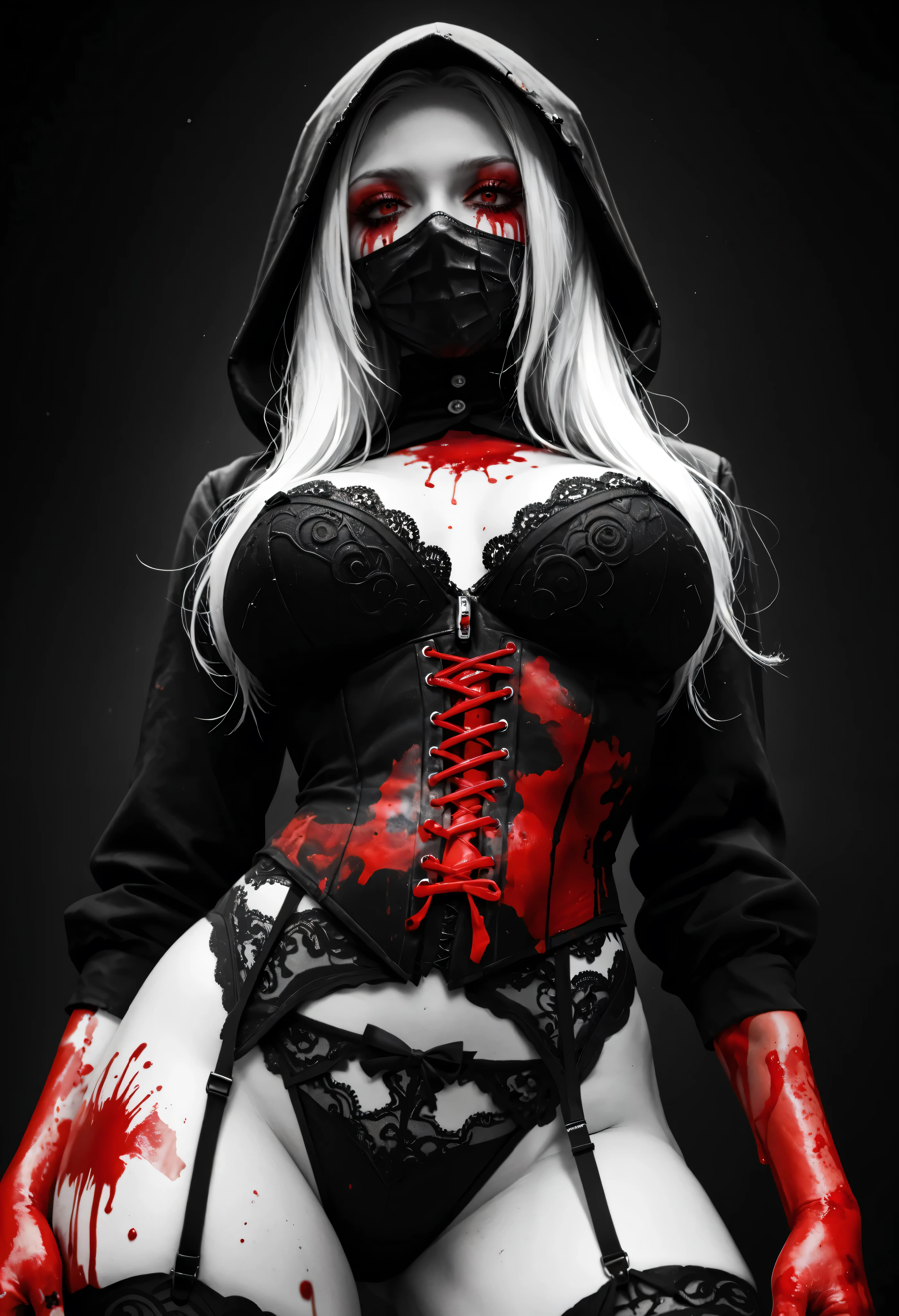 simple background, monochrome, horror (theme) there is a broken picture, black paint splatted, red blood splatted, smoked, red blood (((anime girl character))), big boobies on focus, long white hair, sexy officer outfit, visible big breasts, hot, sexy lingerie, more blood, (((half body))) wearing a black hood, garter belts, lacy corset wearing a futuristic black mask, photographed from below