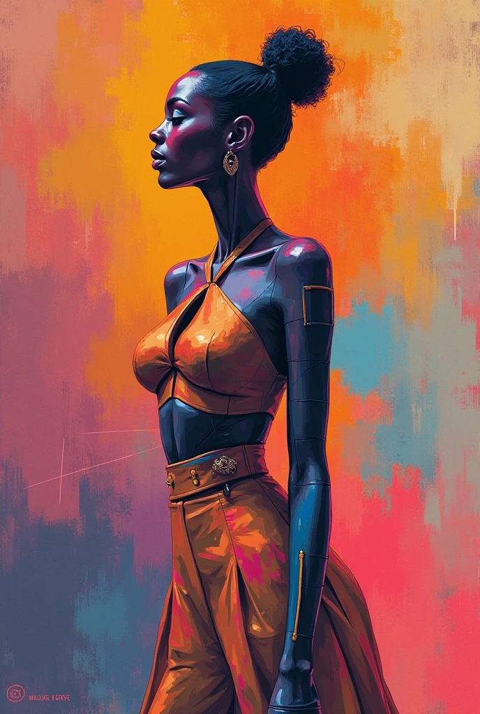 Portreit of a Black woman, beautiful and confident athletic, rimlight, geometric pattern on clothes, colorful background