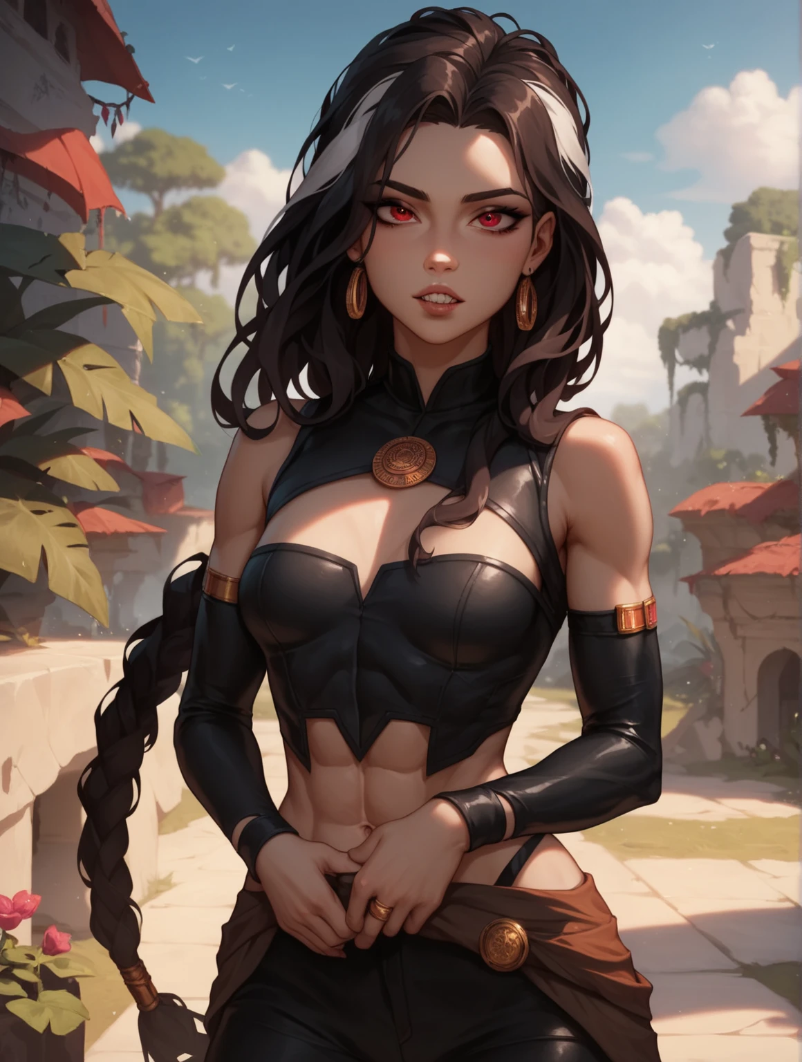 jungle, nidalee, league of legends, absurdres, highres, cowboy shot, 1girl, bare shoulders, body markings, black hair, facial mark, fingernails, fur trim, gem, green eyes, jewelry, long hair, necklace, ponytail, solo, tooth necklace, very long hair, hairband, master piece, best quality, portrait, beautiful face, dark skin