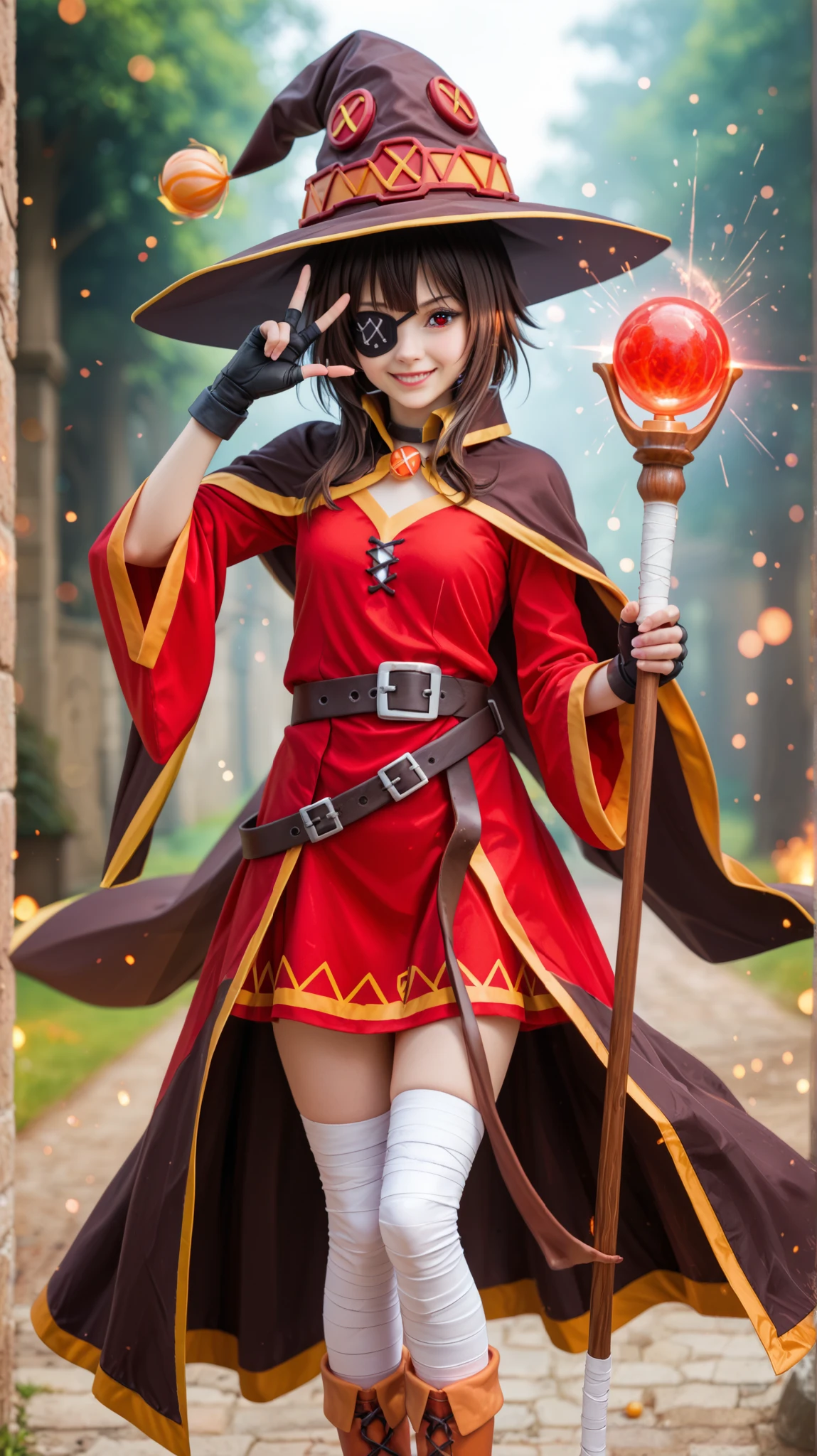 Ultra-realistic, hyper-detailed fantasy portrait of Megumin from Konosuba, captured as a high-end cinematic photoshoot. She wears her iconic red tunic with golden trim, a flowing black cape with orange lining, a large wizard hat with golden embroidery, black fingerless gloves, and mismatched boots – one orange with a folded cuff, and the other black with a bandage wrap on her left leg.
Megumin has a confident, playful expression, winking and making a "V-sign" hand gesture over her left eye, where she wears a black eye patch with a red cross. Her dark brown hair is tousled slightly, and her deep crimson eyes glow faintly with magical energy.
She holds her signature wooden staff with a large red orb, positioned as if she is about to unleash her powerful Explosion spell. The background is a mystical battlefield with floating embers, soft magical auras, and a faint smoky haze, adding a dramatic atmosphere.
Cinematic lighting enhances her silhouette, with soft rim light and warm highlights emphasizing her outfit’s textures and magical aura. The image has ultra-sharp details, realistic fabric physics, intricate textures, and lifelike facial expressions.
Shot with a Sony A7R IV, 85mm f/1.4 lens, ultra-sharp focus on Megumin, soft bokeh background, cinematic composition, hyper-realistic textures, intricate fabric detailing, magical energy effects.
--ar 16:9 --v 6 --style raw --q 2 --stylize 250