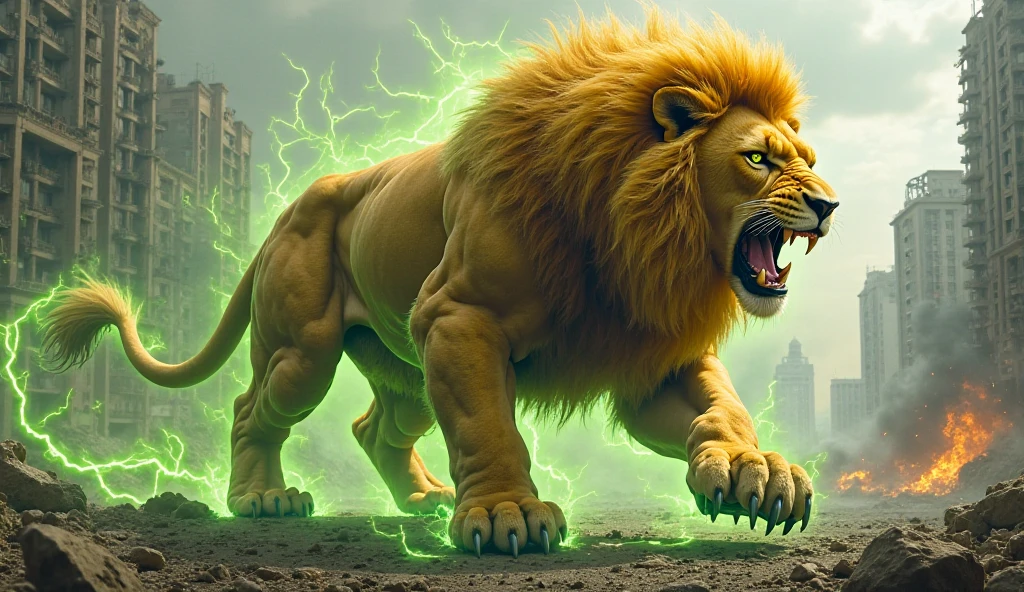 a giant yellow electric cat monster in a war-torn ancient city, 50m tall, in a mythical world, (best quality,4k,8k,highres,masterpiece:1.2),ultra-detailed,(realistic,photorealistic,photo-realistic:1.37),extremely detailed eyes and face,longeyelashes,muscular body,fearsome expression,electricity arcing across its body,crumbling ruins,destroyed cityscape,ominous cloudy sky,dramatic lighting