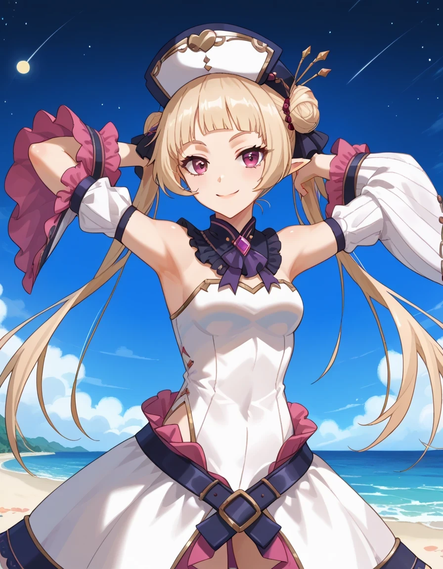 YukiNurse, blond hair, hair bun, hair ornament, hat, bare shoulders, frilled sleeves, white dress, wide sleeves, frills, game screencap, shiny skin, high quality, solo, night sky, beach, arms behind head, ((contrapposto)), closed mouth, cowboy shot, looking at viewer, smile, best quality