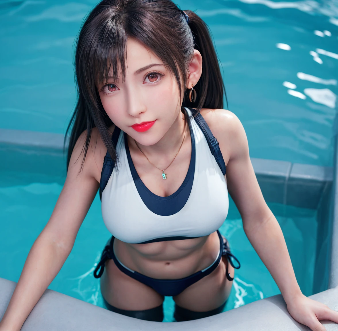 18-year-old girl,Perfectly crafted eyes,Smooth and shiny hair、3D image、Delicate skin,The bust is very large、Full body image、Poolside background、High resolution、high resolution、School Swimsuit、FF7 Tifa、Having sex in the missionary position