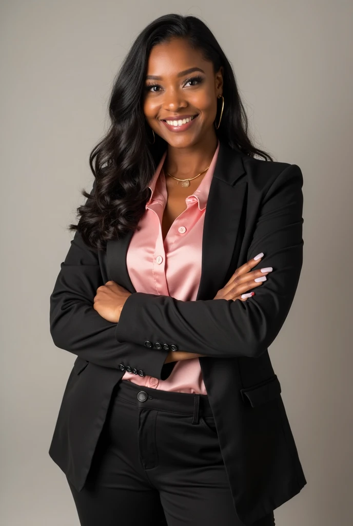 Beautiful African American mix Melanesian woman, (26 years old), MMA trainer, (((business attire, very professional business suit for women))), fit body, (muscles:1.2), athletic feminine body, female fitness model body, office elevator, masterpiece, perfect lighting, uhd, 8k, she is an exceptional MMA fighter, hard toned feminine body, long ponytail hair, ((sultry smile at camera:0.4)), ((sultry pose)) uma jovem africana, pele morena, pele escura,Front view, usando joias, segurando joias, usando colar, Using the watch, olhos castanhos sorriso no rosto belo olhar, cabelo escuro, cabelo cacheado, wavy hair brunette brown a lilac light lilac blazer, blazer mais fechado, sem decote, seios pequeno, peito pequeno, body image standing , Hands facing forward, a conversation with someone, entrepreneur, profissional, viver, dono de joalheria, 25 years looking directed at high quality 4K camera;