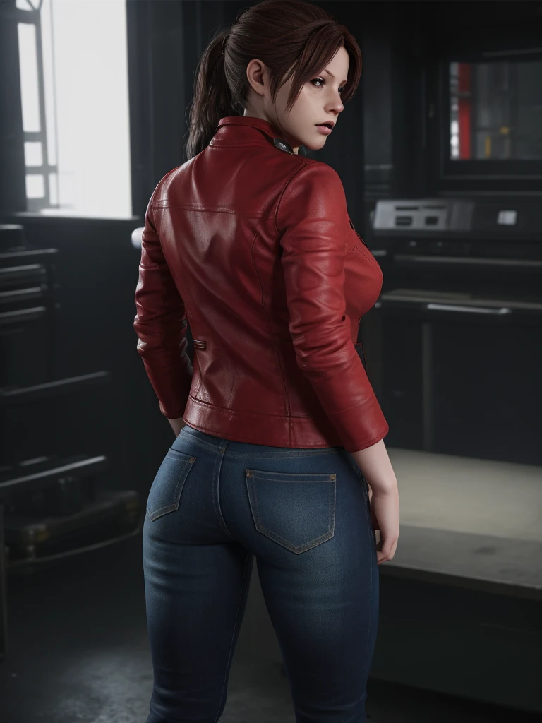 (masterpiece:1.2, Best Quality:1.2), ((Claire Redfield, super beautiful woman)), Resident evil, (Red jacket, White shirt, Skinny pants), (Colossal tits:1.5, Huge boobs:1.1, Huge breasts:1.2, gigantic cleavage breasts:1.1), (Detailed face, Detailed skin texture, Perfect slim body), (in abandoned convenience store:1.3), Night, Dark atmosphere, show her ass