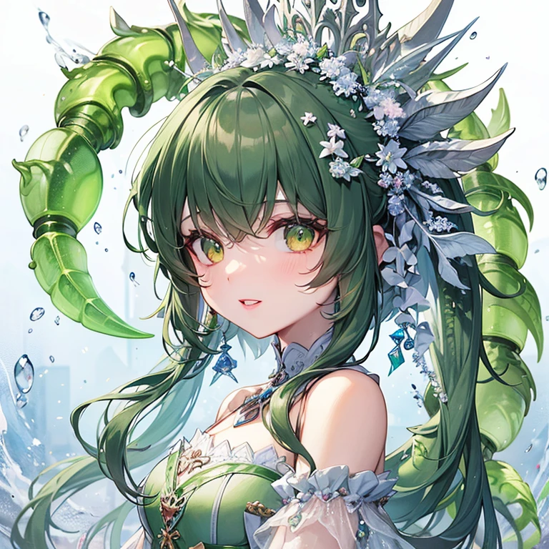 solo, female, extremely long green hair, glowing aquamarine eyes, long eyelashes, hourglass figure, large breasts, weave bikini, smile, pale, mermaid, ear fins
