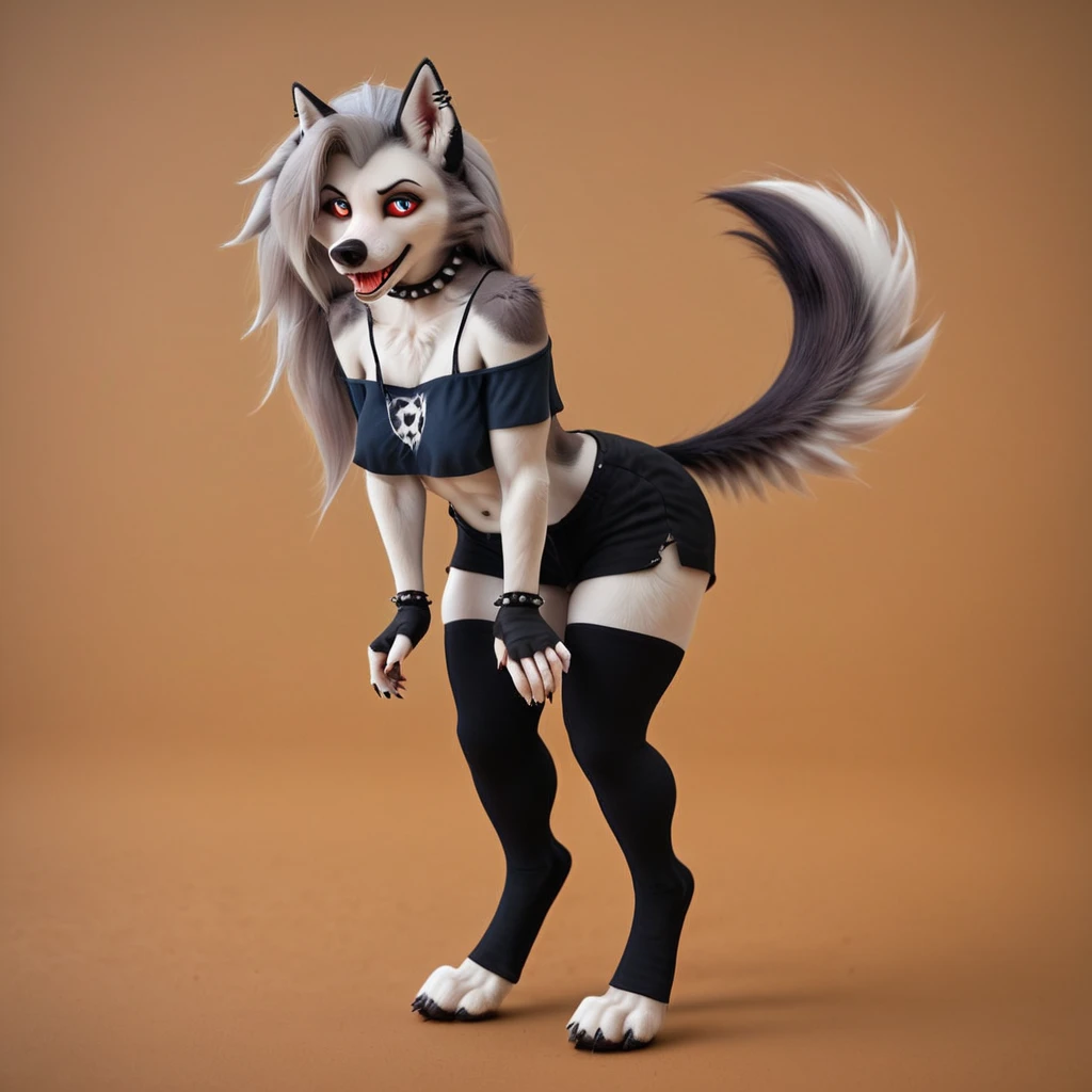 furry,, junior  breast,  tight pussy, female loona from helluva boss, feathers, skinny, arms behind back, , chains