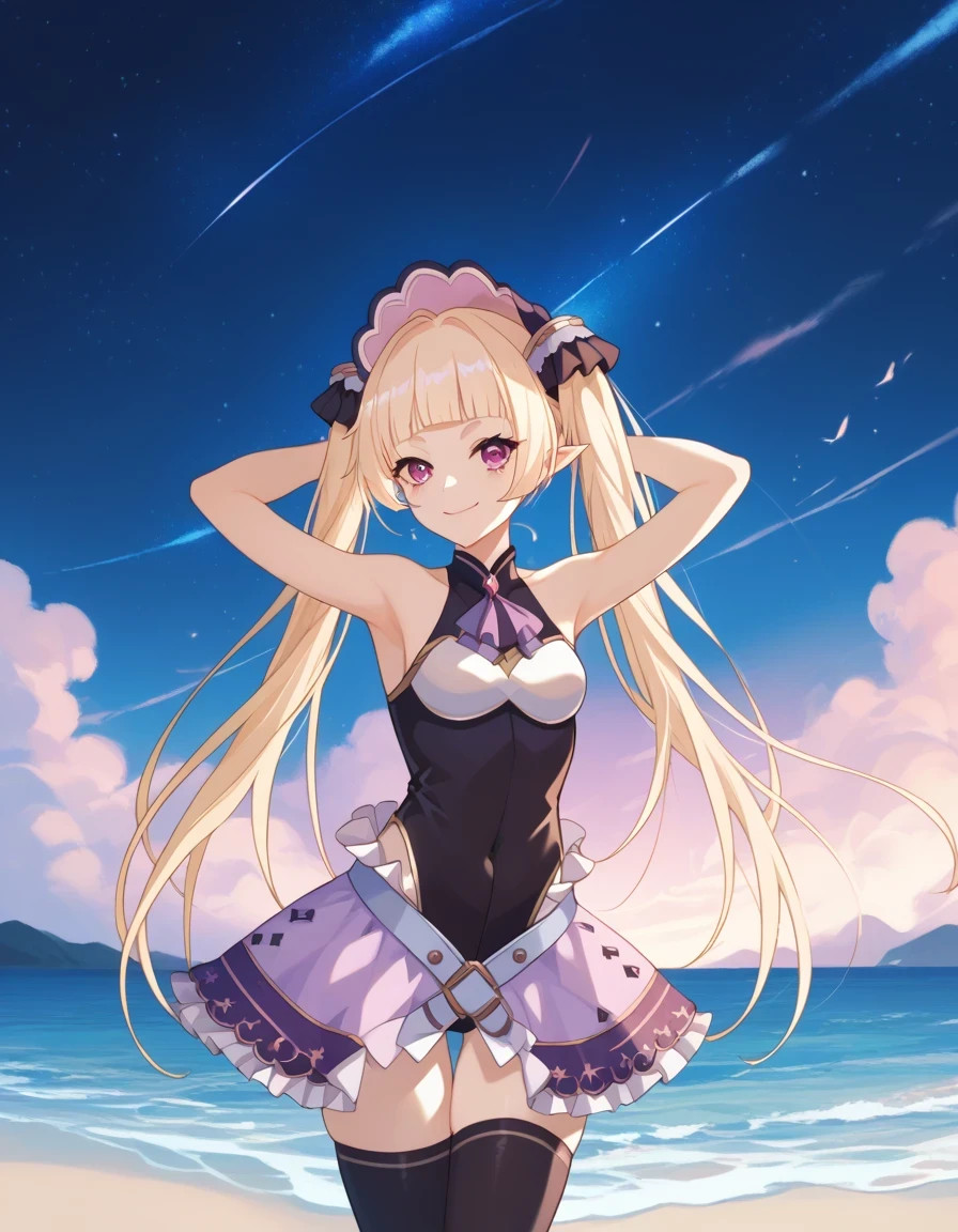 YukiAstrum, game screencap, blond hair, twintail, long hair, black leotard, sleeveless, frilled skirt, purple skirt, black thighhighs, bare shoulders, blunt bangs, shiny skin, high quality, solo, night sky, beach, armpits, (hands behind head), ((contrapposto)), closed mouth, cowboy shot, looking at viewer, smile, best quality