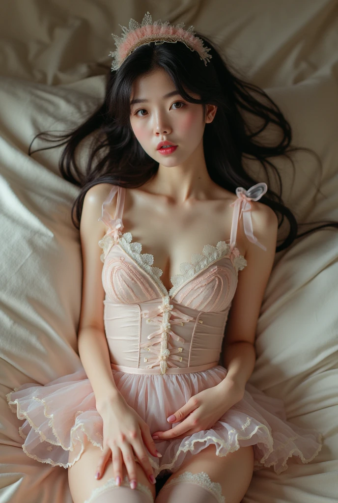 (full body shot shot:1) realistic footage (Lying position:1) Surrealism, fot,, hourglass figure, perfectbody, seducing gaze, natural medium breasts, nblurry background, E-girl Pink Fantasy Dress, Wearing pink knee-high socks, Sitting in bed, pose sexy, smile gently,(((The face of pure desire,Be consistent)))