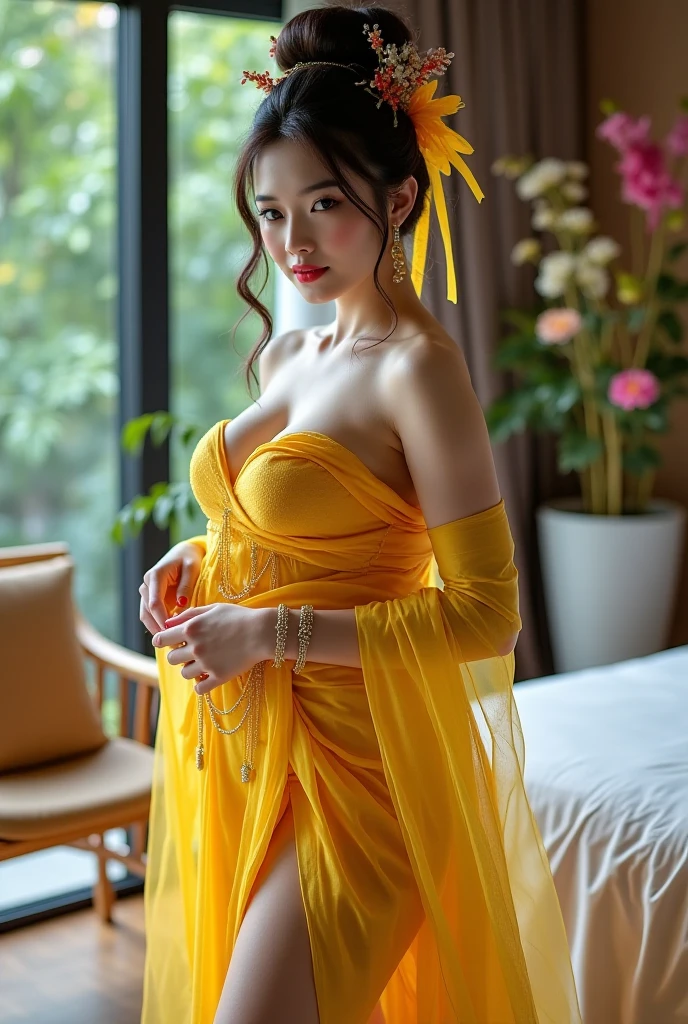 Alaf asian woman in pastel yellow lingerie sitting on bed, huge tit,full-body xianxia, elegant glamourous cosplay, gorgeous chinese model, goddess of Japan,Oriental Fantasy, sexy gown, chinese costume, Sexy Pose, royal elegant pose, Pastel yellow body, chinese princess, Trending on CGSTATION, trending at cgstation