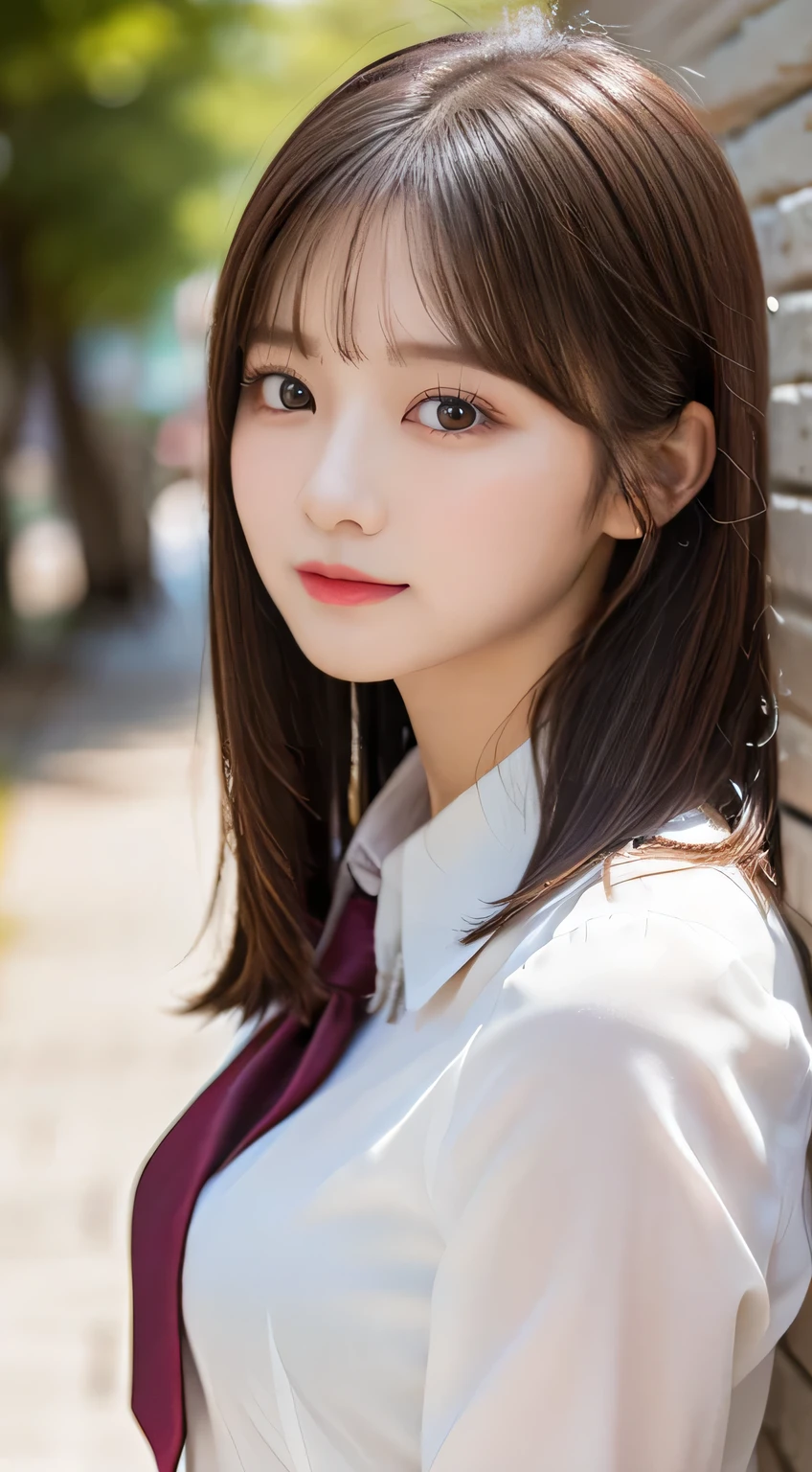 (beautiful girl、cute face、staring at the viewer:1.3)、top quality,8K image、 perfect double eyelids、happy、natural color makeup、Moist lips、white skin、(straight hair、medium hair、straight hair, Strongly Blurred White Background 、high school uniform、summer、blouse:1.3),