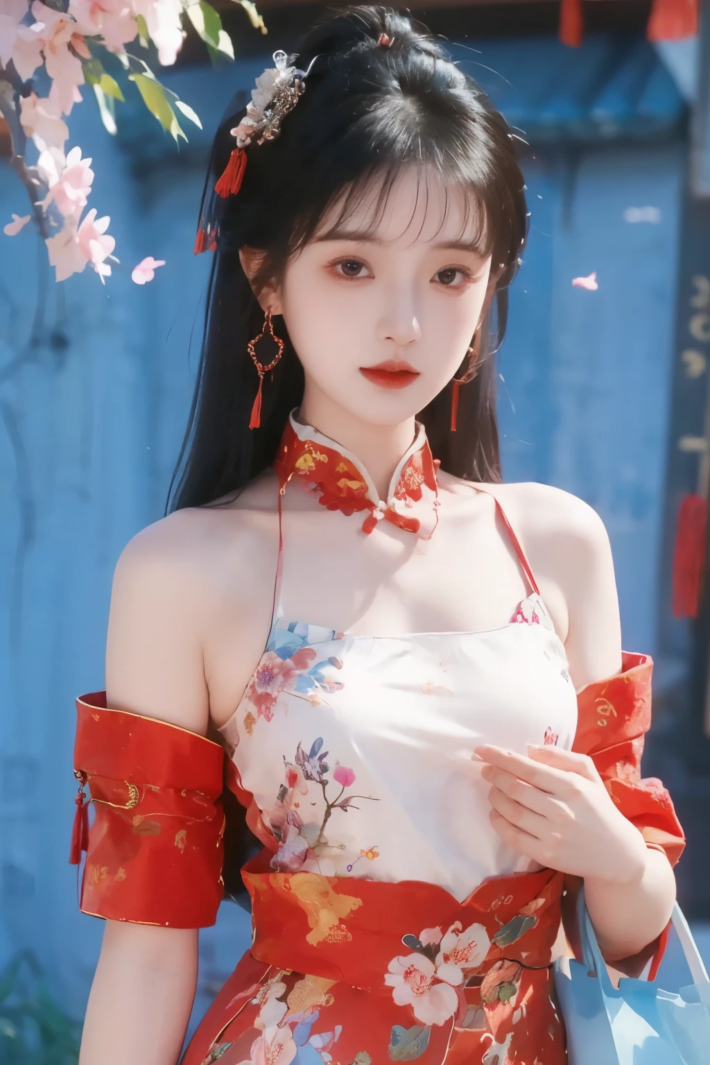 ( masterpiece, Top Quality, Best Quality, official art, Beautiful and aesthetic:1.2), (1 Girl:1.3), flat chest, extremely detailed,(Fractal Art:1.1),(colorful:1.1)(Flowers:1.3),Highest Detail,(dynamic pose), (background:1.3), (traditional Chinese costume:1.2), (shiny skin in the supermarket), ( many colors :1.4), ,(earrings:1.1),