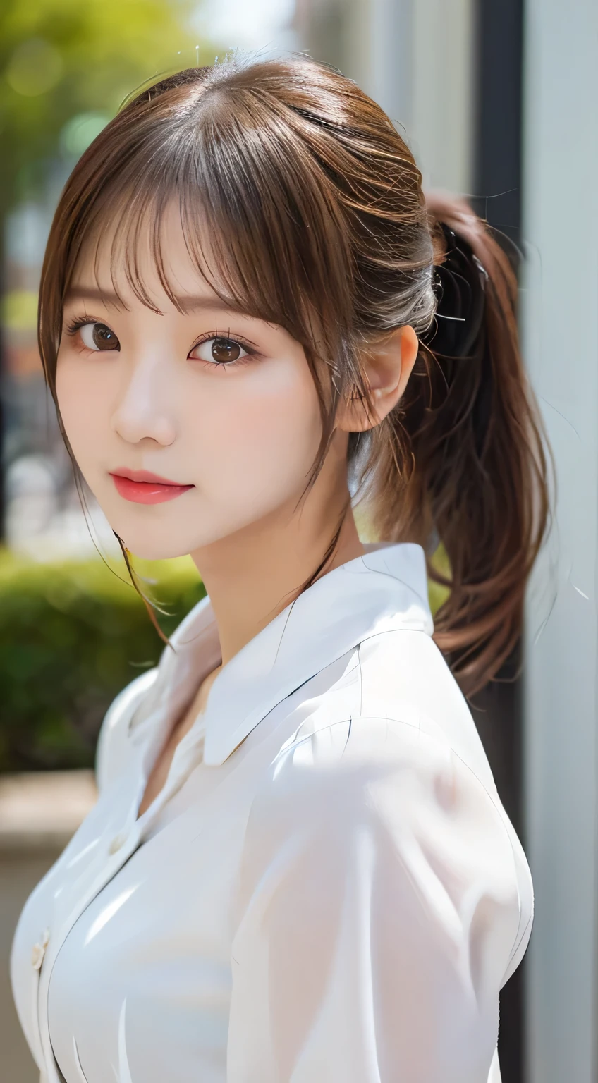 (beautiful girl、cute face、staring at the viewer:1.3)、top quality,8K image、 perfect double eyelids、happy、natural color makeup、Moist lips、white skin、(low ponytail、 Strongly Blurred White Background 、high school uniform、summer、blouse:1.3),