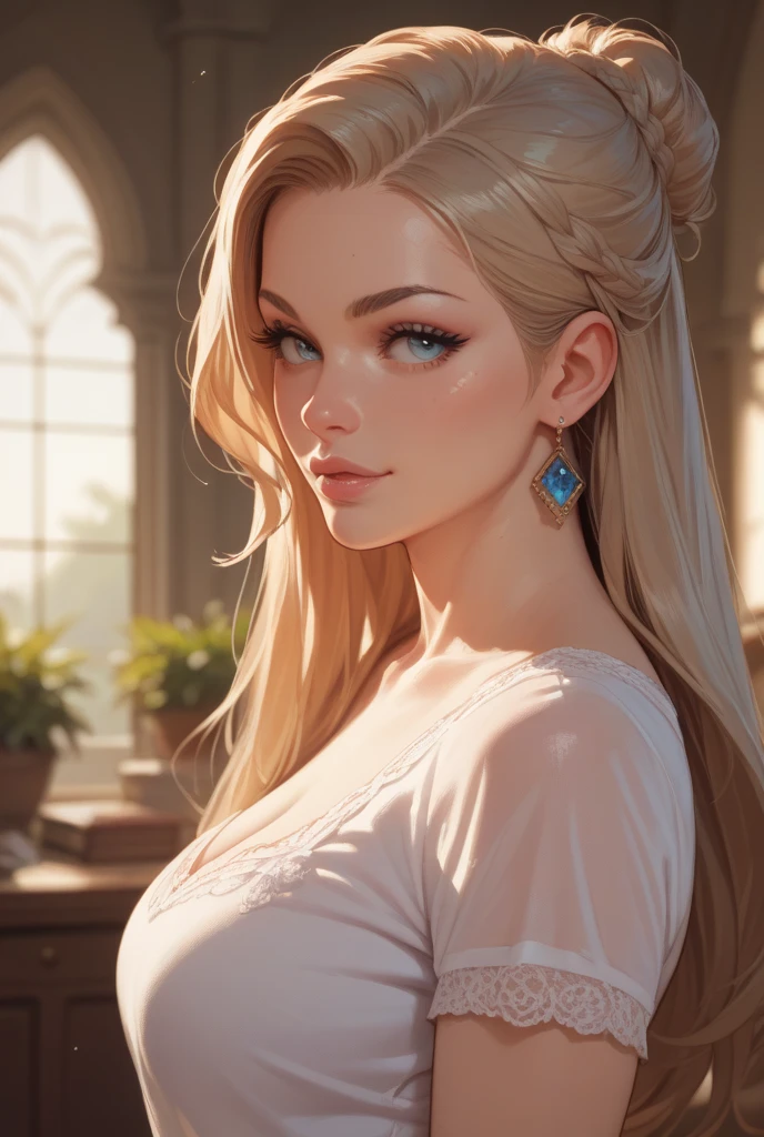 An incredibly beautiful young fatal blonde with clear blue eyes, she has long, long hair braided in two braids, her hair is gathered in a bun, double bun, bangs with a parting, her hair is decorated with flowers, jewelry, she is a goddess, she wears the clothes of the goddess militant Selena. She stands in the middle of the room, a lighted lamp in her hands, a crescent moon flickering on her forehead. Realistic image. Masterpiece, perfect image, realistic photos, full-length image, 8k, detailed image, extremely detailed illustration, a real masterpiece of the highest quality, with careful drawing.