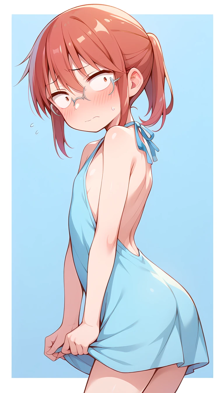 ((badhandv4)) Kobayashi, (Bust size very very small.)),  (flat chest:1.2), Posing embarrassed, crotch cutout, crotchless, no panties, pussy,solo ,, large breasts, blush, blue one-piece swimsuit, school swimsuit