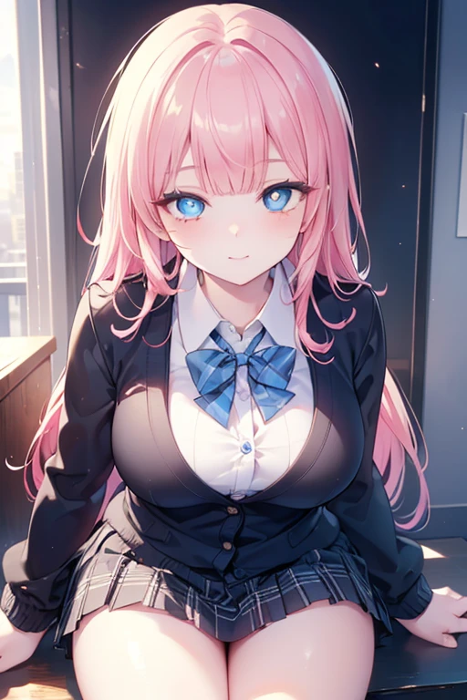 Best Quality,Beautiful Eyes,Very cute face,Beautiful Anime Girl,(Solo Girl),(gigantic breasts),(large breasts),(huge breasts),(big breasts),(mega breasts),(Pink hair),(low twintails:1.4),(Light blue eyes),Very happy smile,BREAK,(Black business suit,Black suit jacket,White shirt,Black suit pants,Black Loop Tie,Covered breasts,Open jacket),(bed,lie one's back,whole body,Raise your hands,Dynamic Pose,Top view)