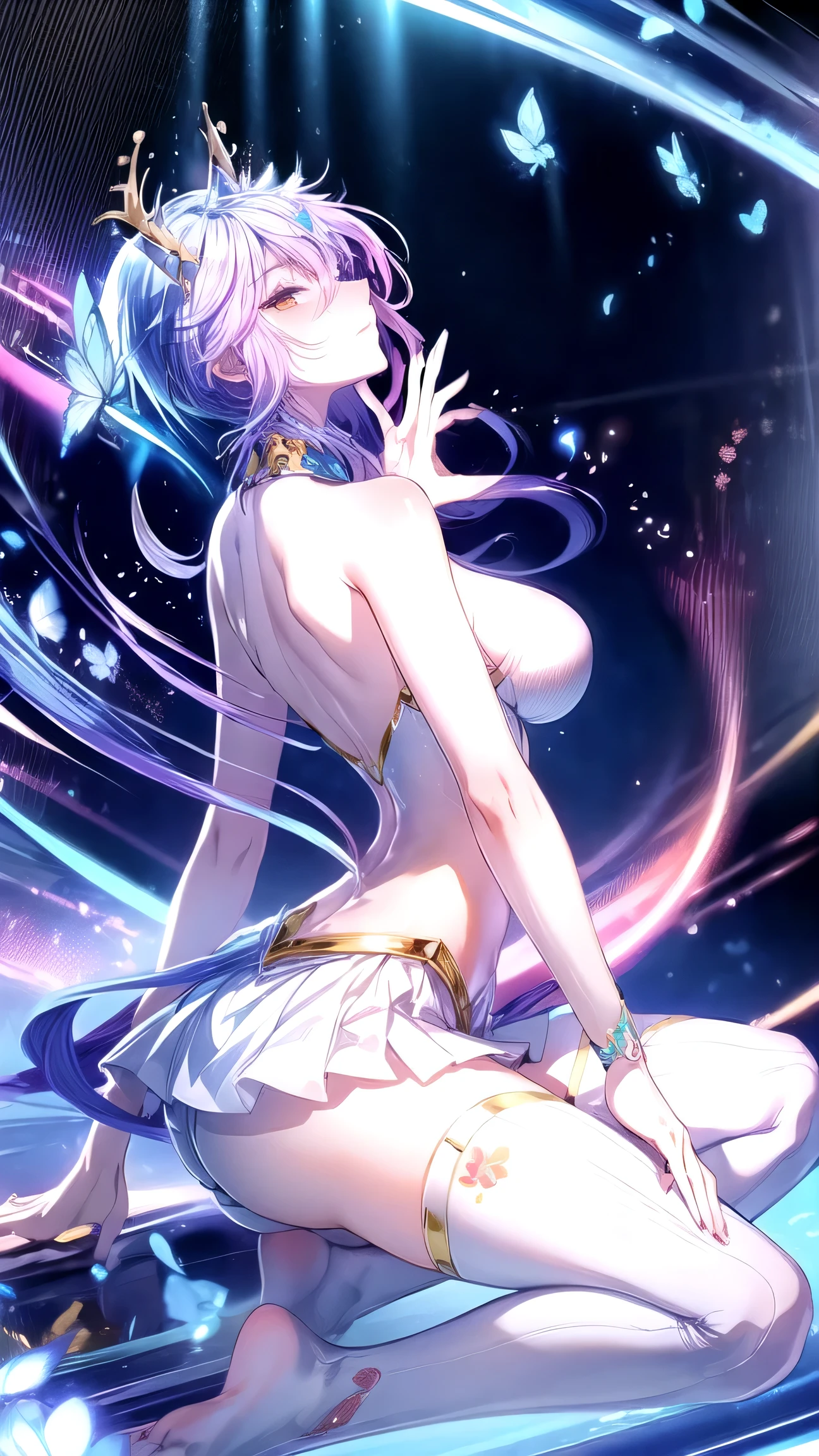 Tang Wutong , wearing shirt, loose skirt, school uniform, Lift up your skirt to reveal your underwear,rating:uncensored,unparalleled masterpiece, ultra realistic 8k CG,chinese deity, looking at viewer, unreal, seductive posture,kneel down,being patted on the head, sexy pose, alluring,perfect body,charming,perfect face, beautiful face, full body,perfect body , smooth body ,butterflies fly around,many stars,full moon,lie on your back, eyes droop,is approaching,shirt hanging off the shoulders,sexy hands,hands lift shirt,colorful light,hand taking off shirt, sexy standing pose, super short skirt,walking in the city, inviting hand,revealing underwear ,Bright light, sexy face,light pink blue hair, extremely short jeans, exposed navel,bare shoulders, Backgrounds (Night city) , big breast,round chin, smooth body, embarrassed face, very shy , belly exposed, exposing the side down chest , panoramic view from head to toe, head turned away,on four alls, proud, crawling on the floor , big butterfly wings, black cat tail, release butterflies, hands behind the body, cat ears, cat tail, highlight, bright light, smooth skin, white pants, side view, hand hold skirt, cat ears, cat tail, 2 hands forming a heart , very confident, Butterfly lands on hand, head down and look up