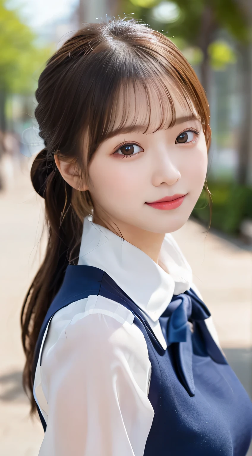 (beautiful girl、cute face、staring at the viewer:1.3)、top quality,8K image、 perfect double eyelids、happy、natural color makeup、Moist lips、white skin、(low ponytail、 Strongly Blurred White Background 、high school uniform、summer、blouse:1.3),