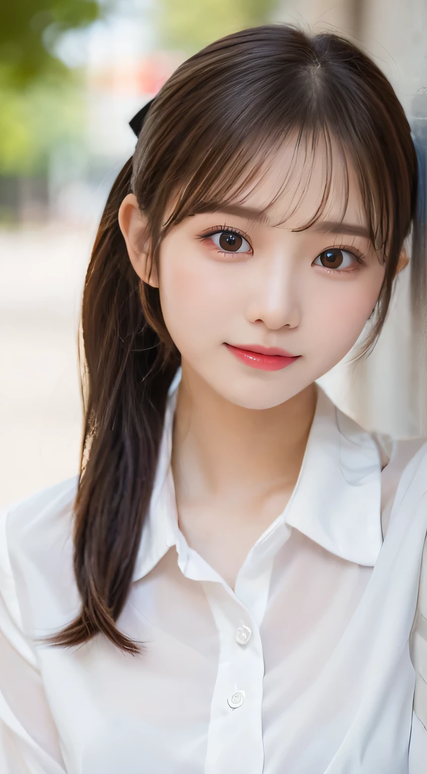 (beautiful girl、cute face、staring at the viewer:1.3)、top quality,8K image、 perfect double eyelids、happy、natural color makeup、Moist lips、white skin、(low ponytail、 Strongly Blurred White Background 、high school uniform、summer、blouse:1.3),