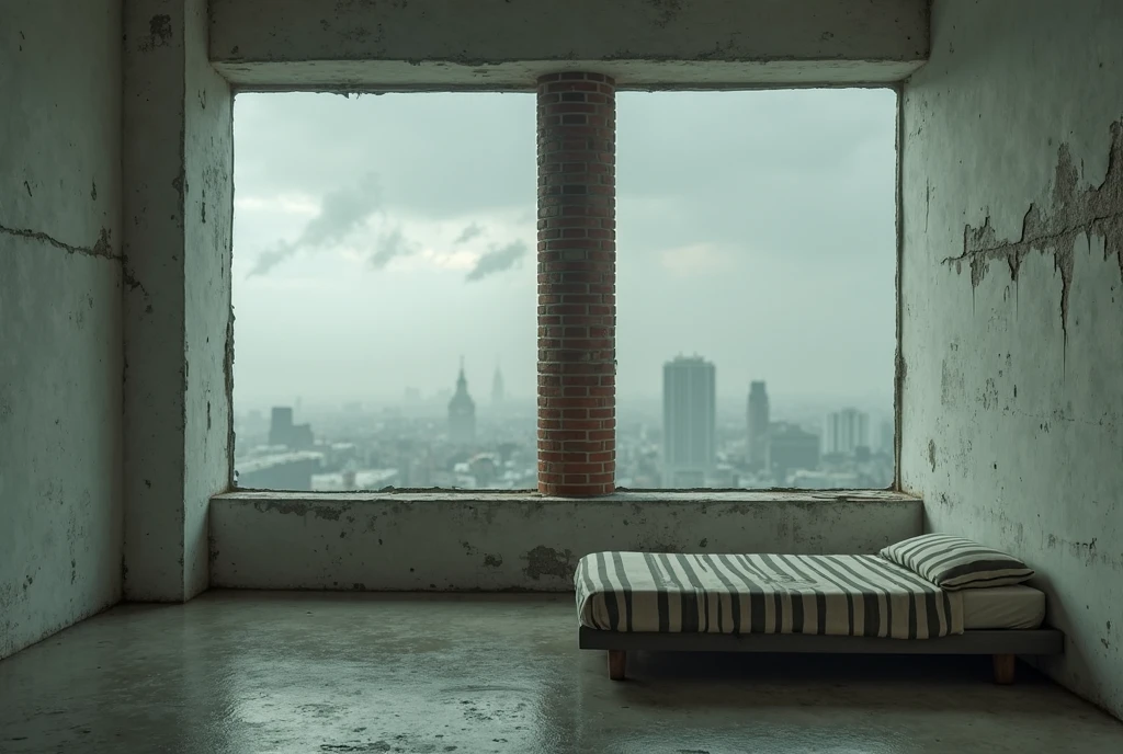 naked pretty girl , white socks and short pixie haircut black hair and dak green eyes and tattoes next to window in abandoned building with strapon on her waist